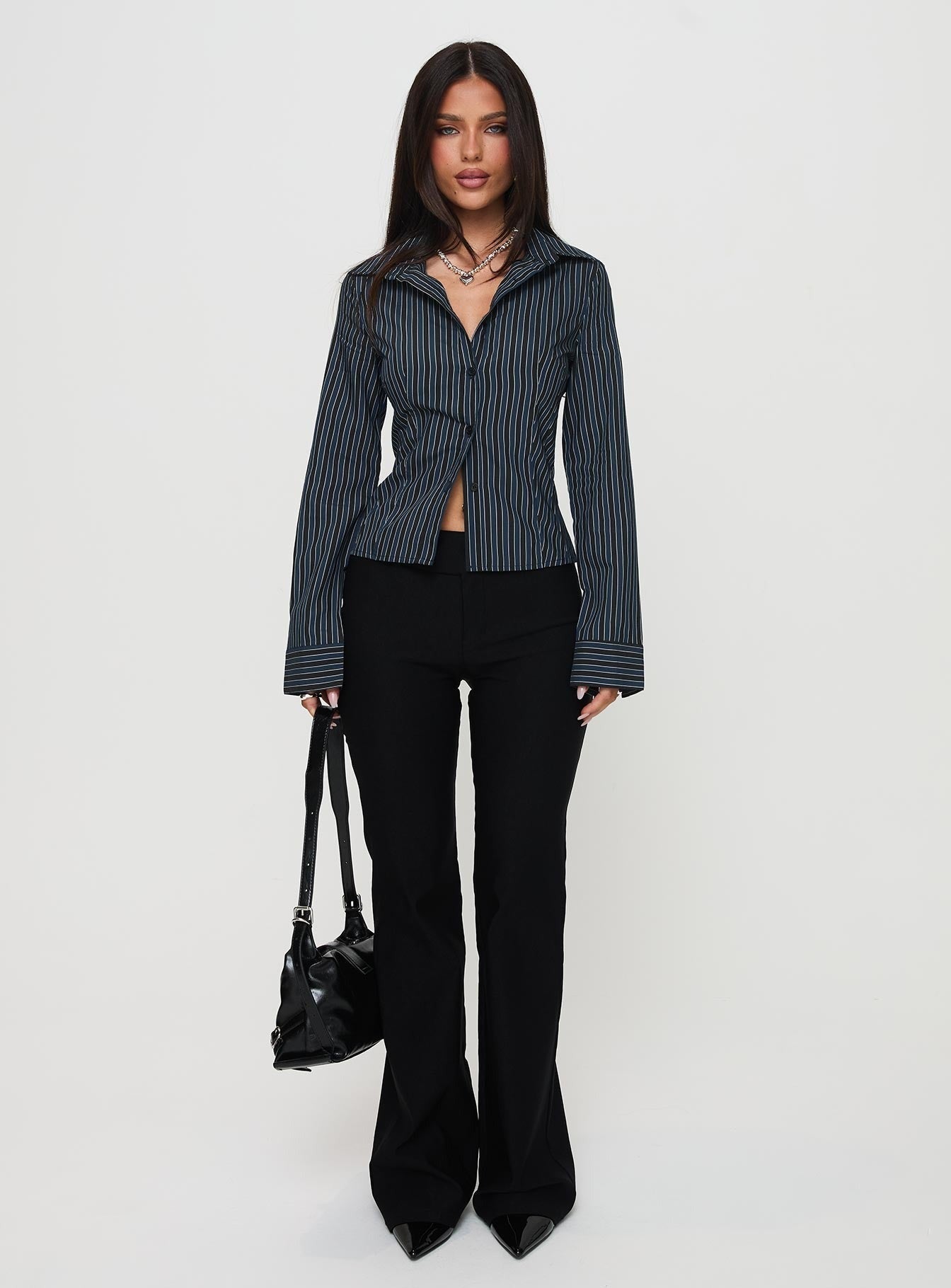 Theroux Long Sleeve Top Navy Pinstripe