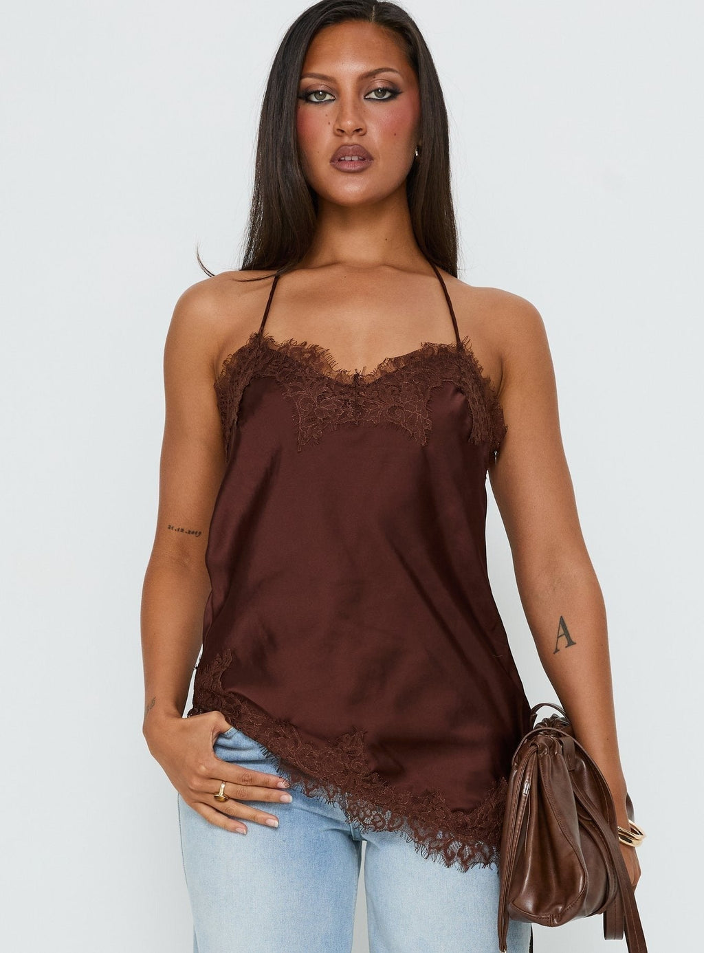 Cosetta Lace Trim Asymmetrical Cami Top Chocolate