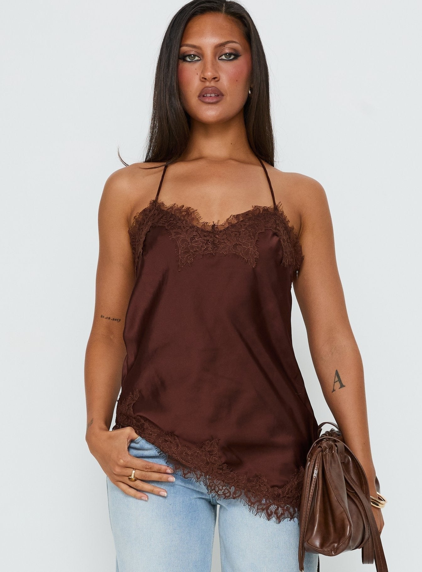 Cosetta Lace Trim Asymmetrical Cami Top Chocolate