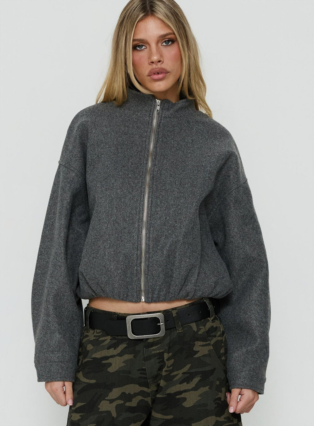 Chayden Cropped Faux Wool Bomber Jacket Grey