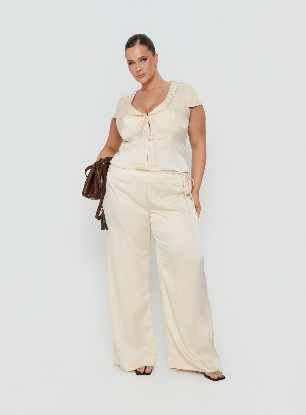 Aubrette Satin Tie Pants Cream Curve