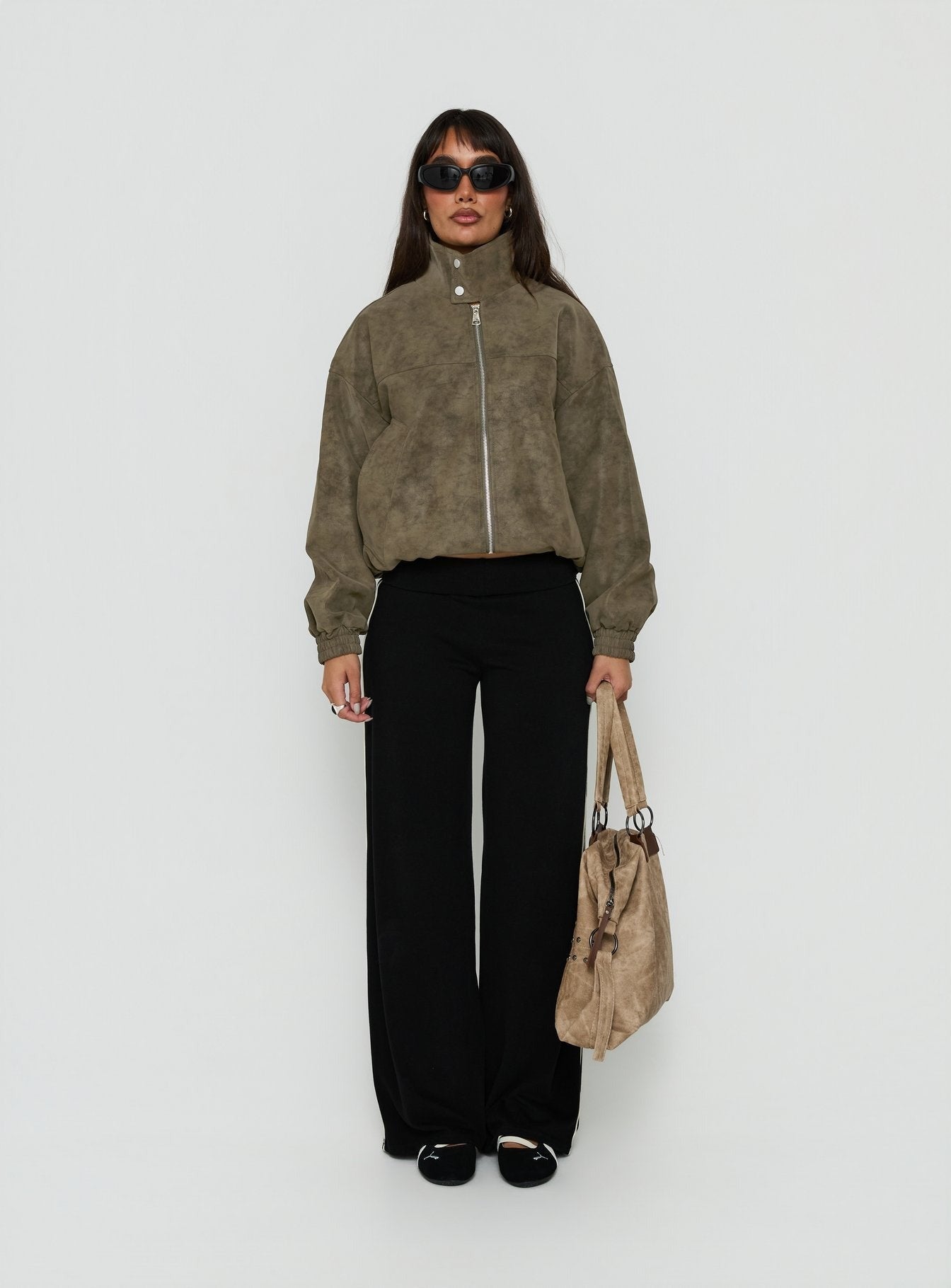Ellissa Faux Suede Bomber Jacket Khaki