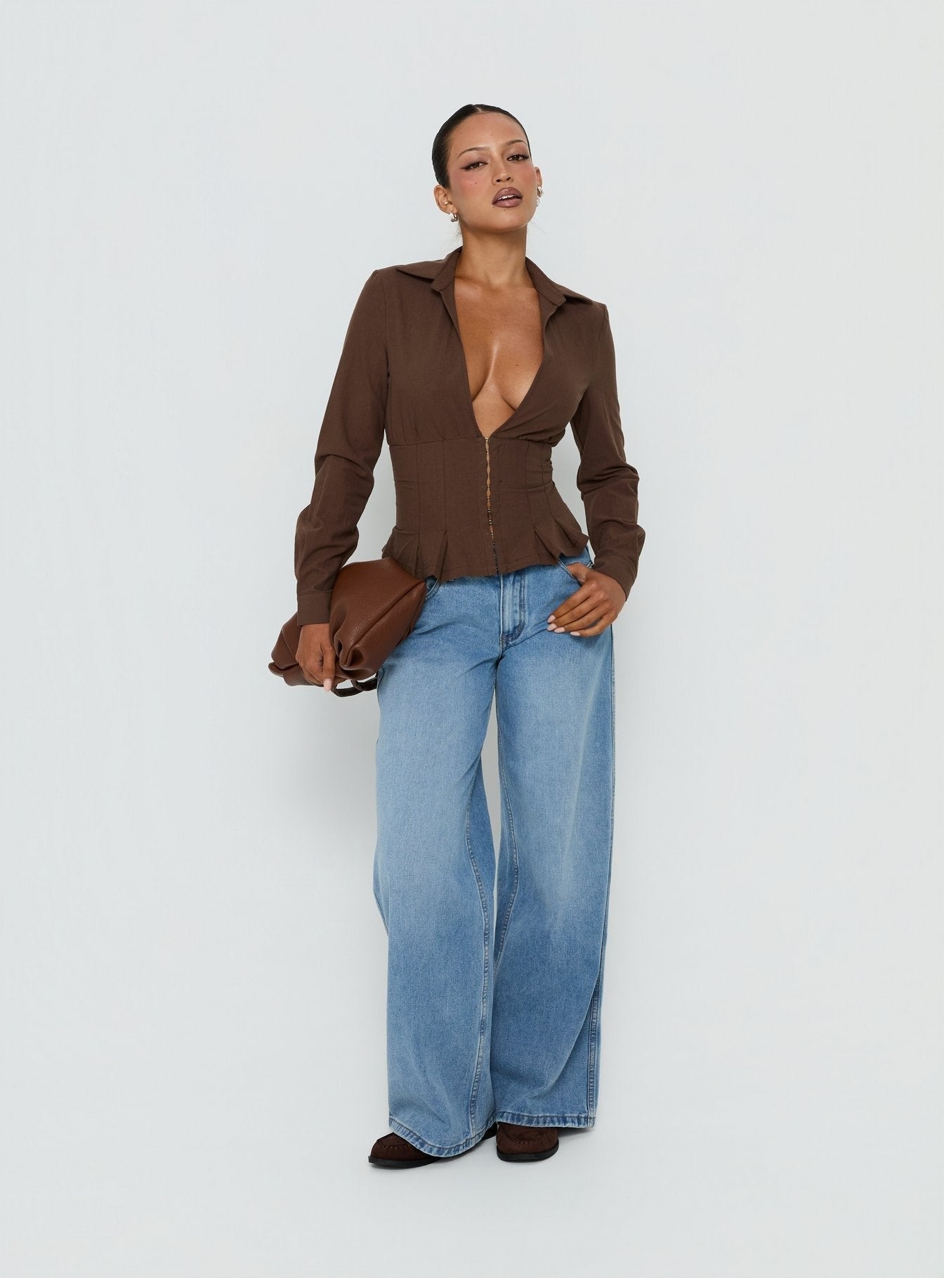Kiyra Cinched Long Sleeve Shirt Brown