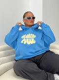 Princess Polly Hooded Sweatshirt Bubble Text Blue / Yellow Curve