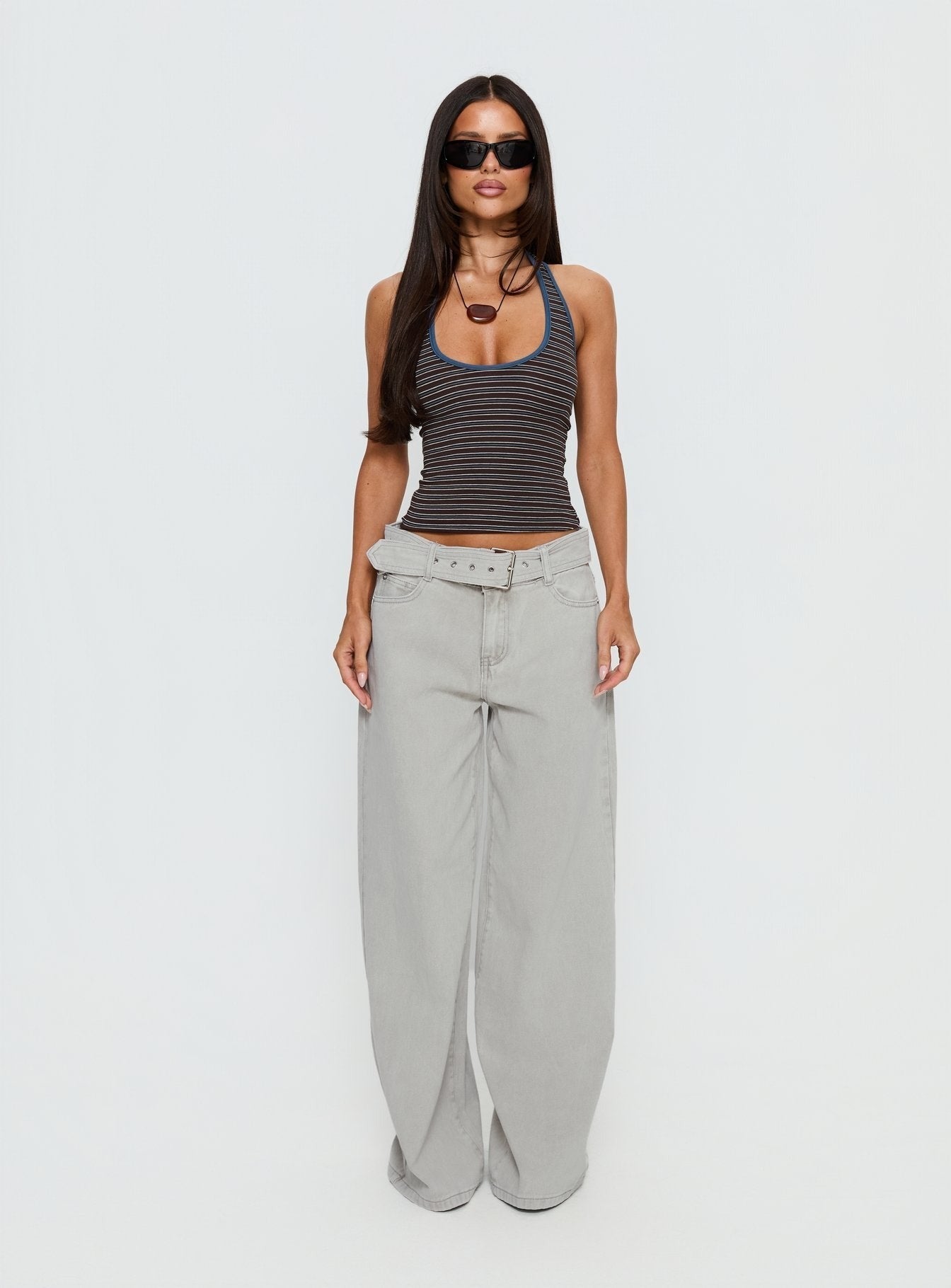 Katlin Mid Rise Wide Leg Buckle Detail Jeans Grey Wash