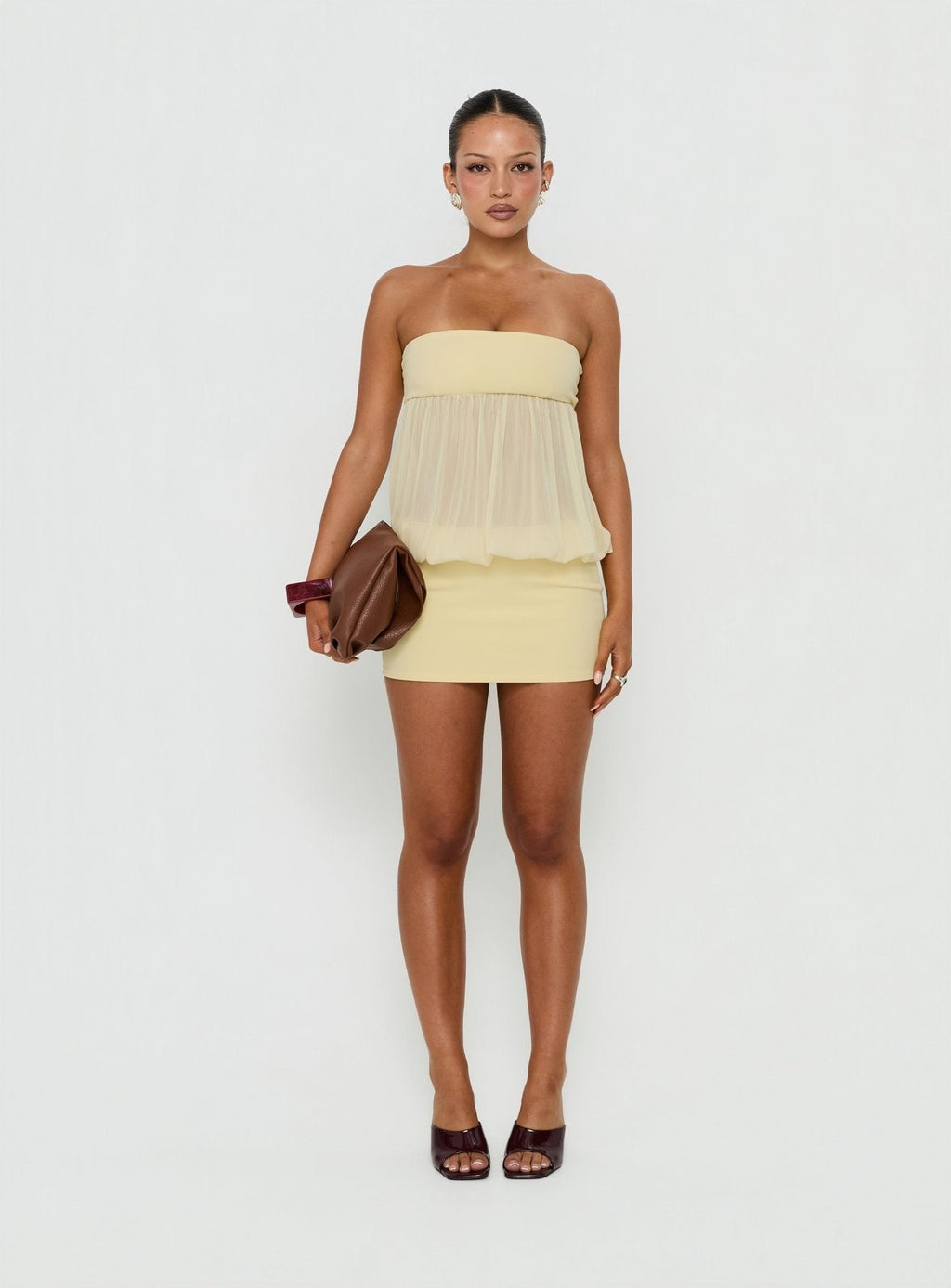 Howland Strapless Sheer Blouson Mini Dress Yellow