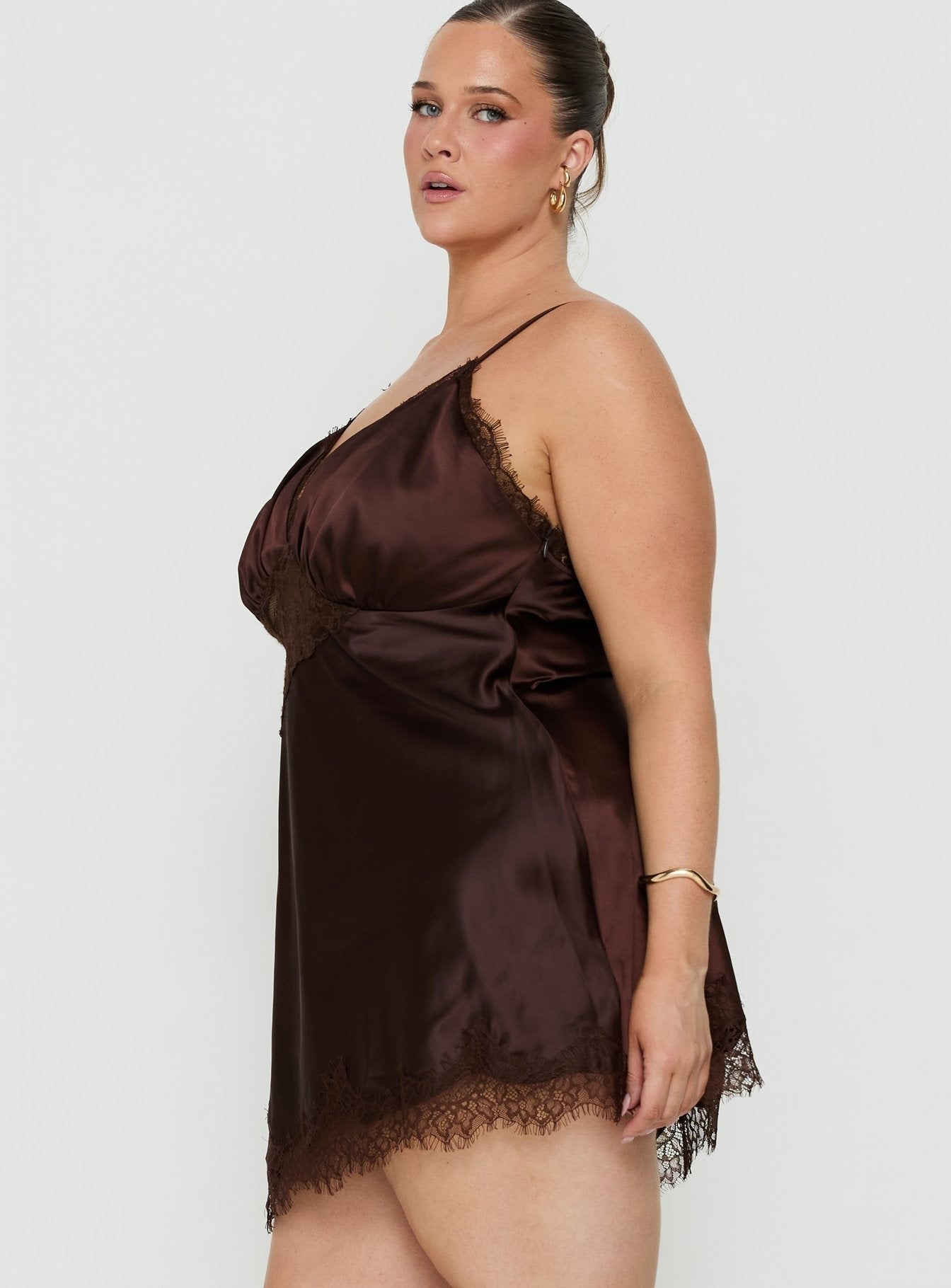 Raines Asymmetrical Lace Mini Dress Brown Curve
