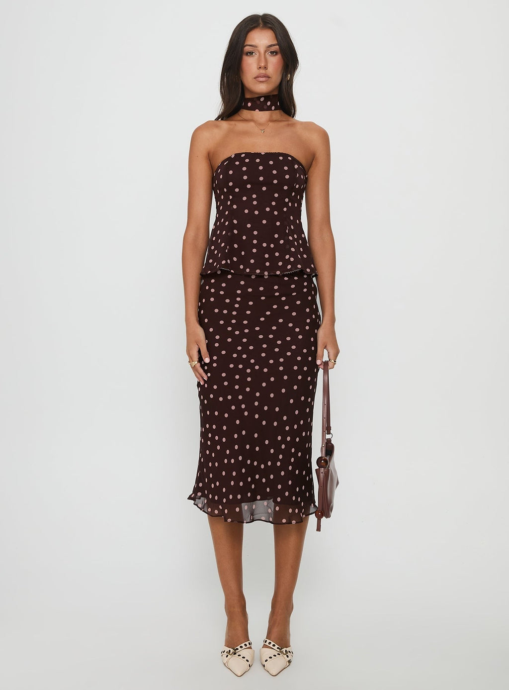 Sydni Scarf Detail Strapless Top Chocolate / Pink Polka Dot