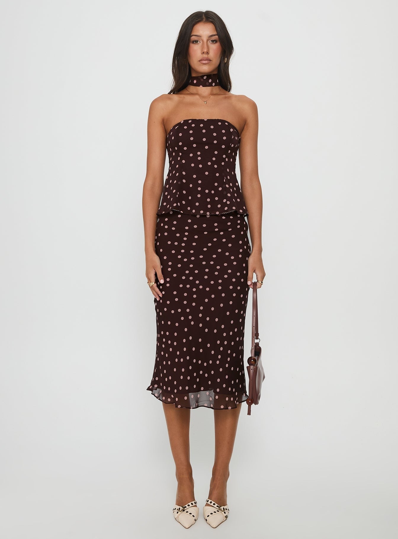 Sydni Scarf Detail Strapless Top Chocolate / Pink Polka Dot