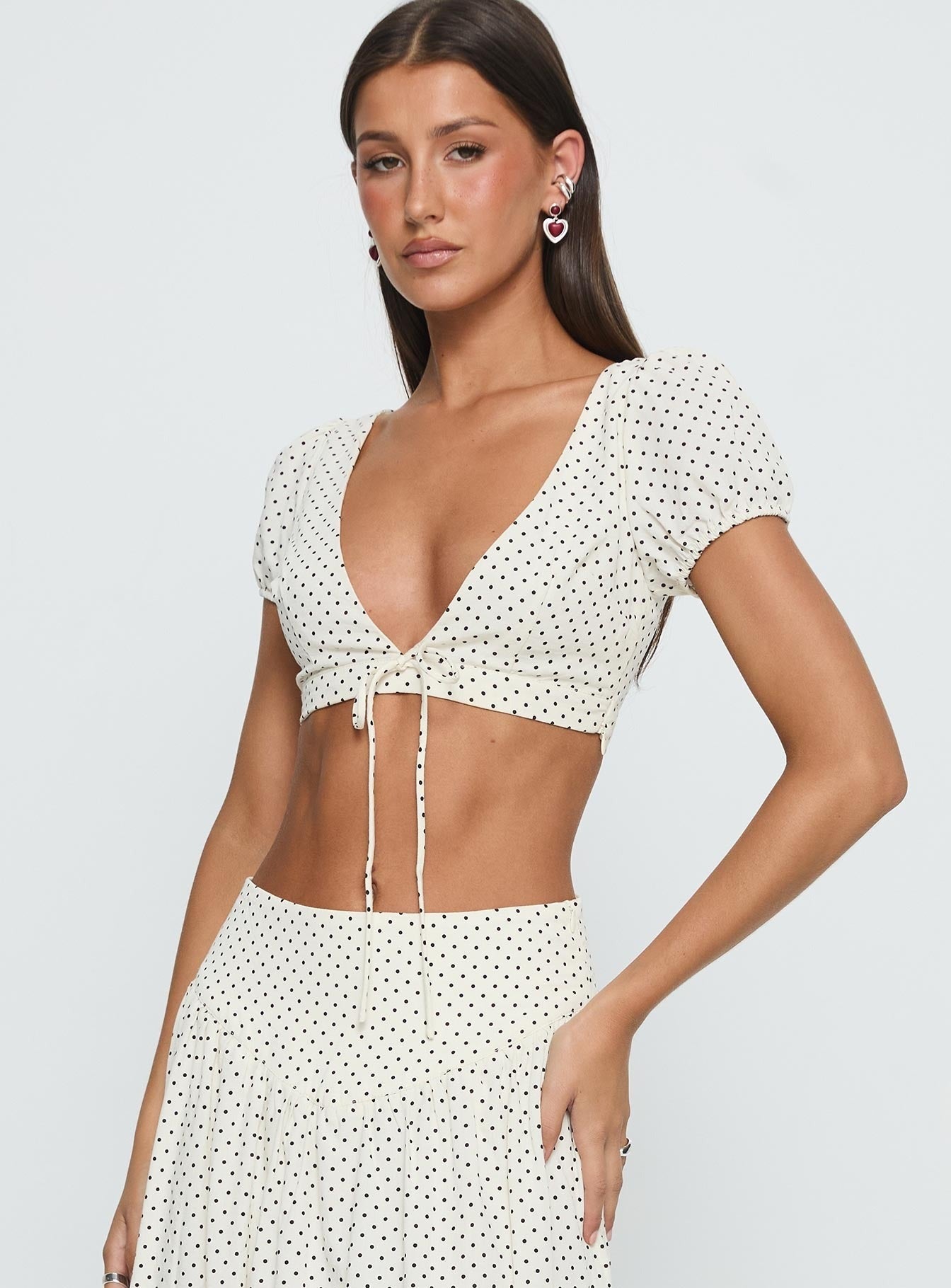Alletta Tie Up Micro Crop Top Cream Polka