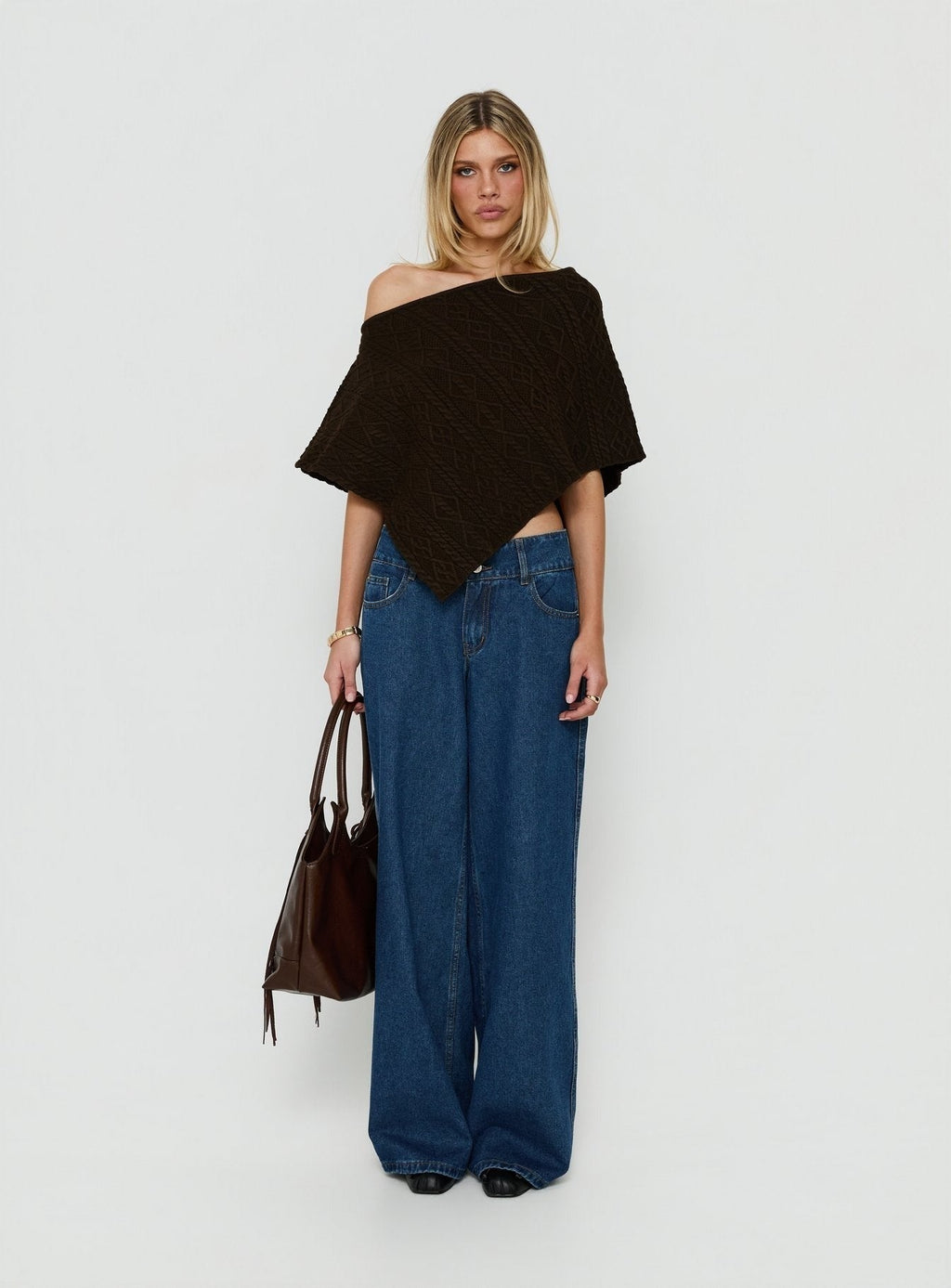 Esanna Off Shoulder Knit Poncho Brown