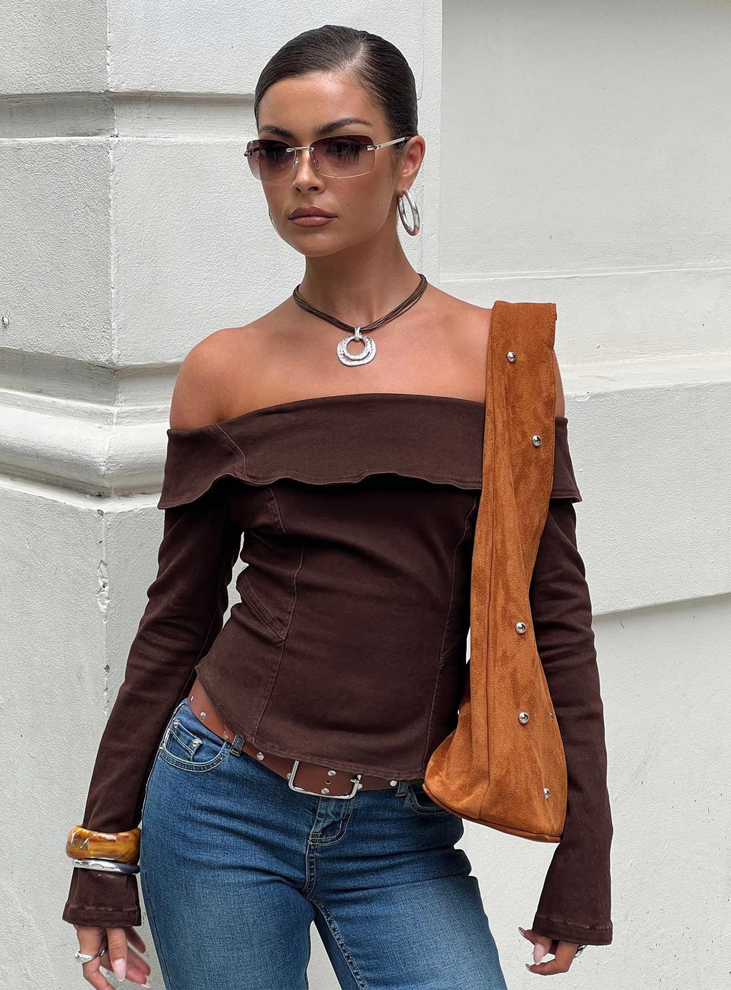 Everwood Off Shoulder Top Chocolate Denim