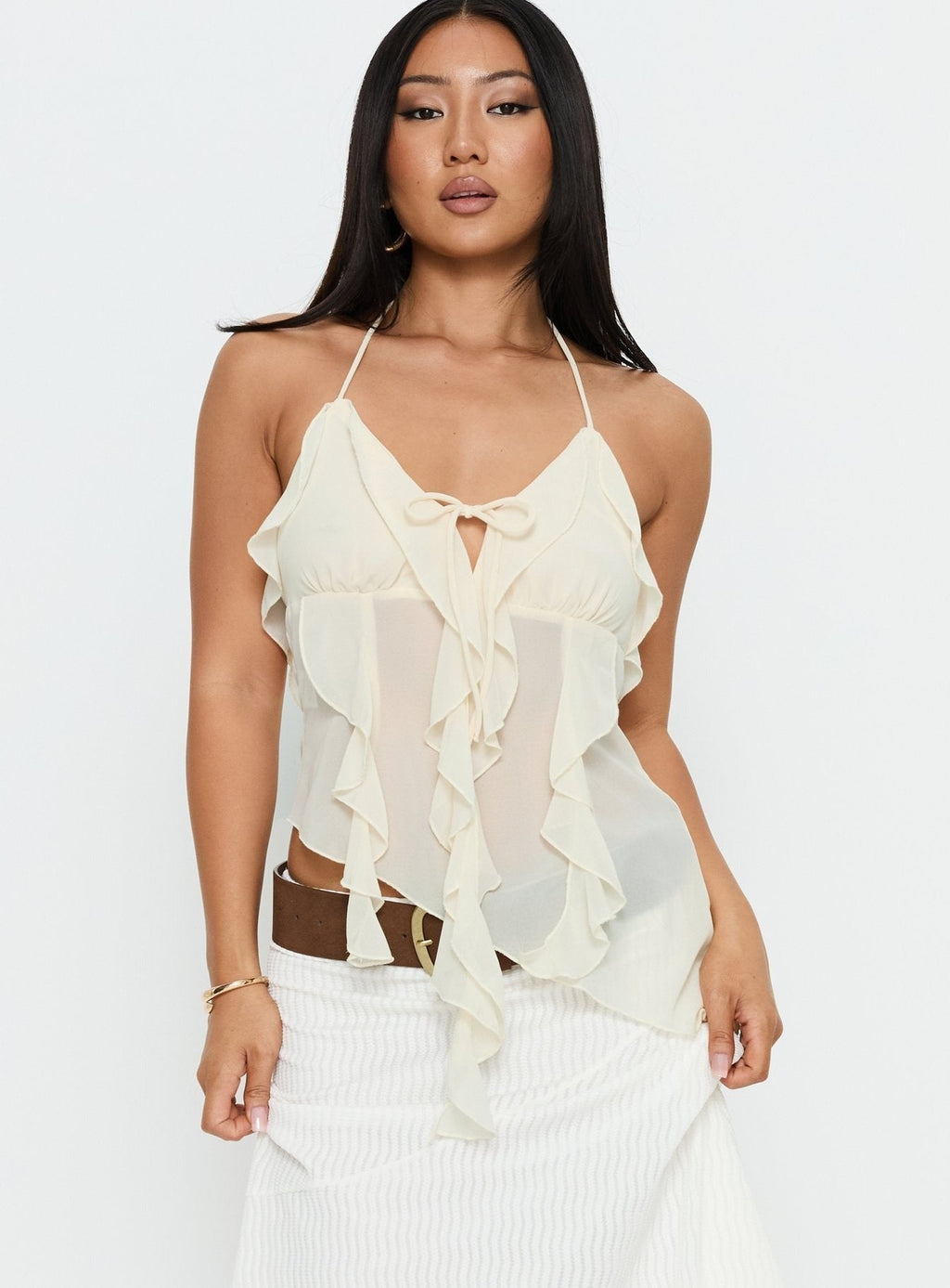 Dedra Sheer Frill Top Cream
