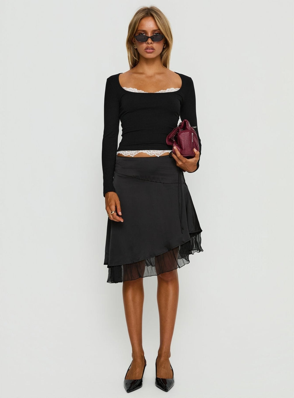 Falling Through Lace Detail Long Sleeve Top Black