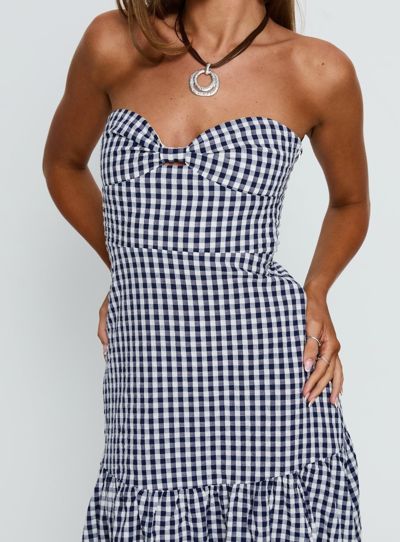 Luckystar Strapless Sweetheart Maxi Dress Navy Gingham
