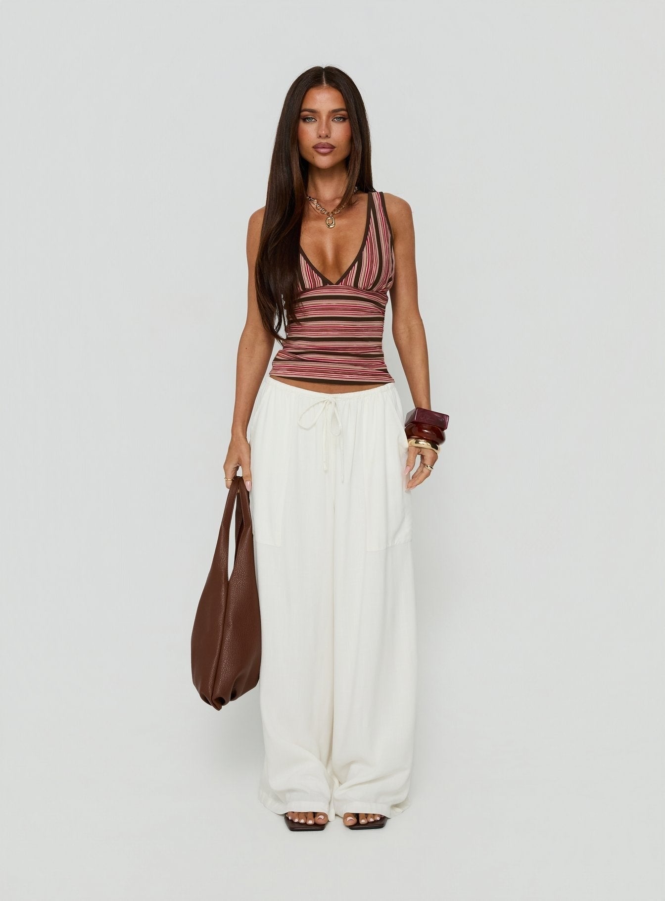 Alyza V Neck Tank Brown / Red Stripe