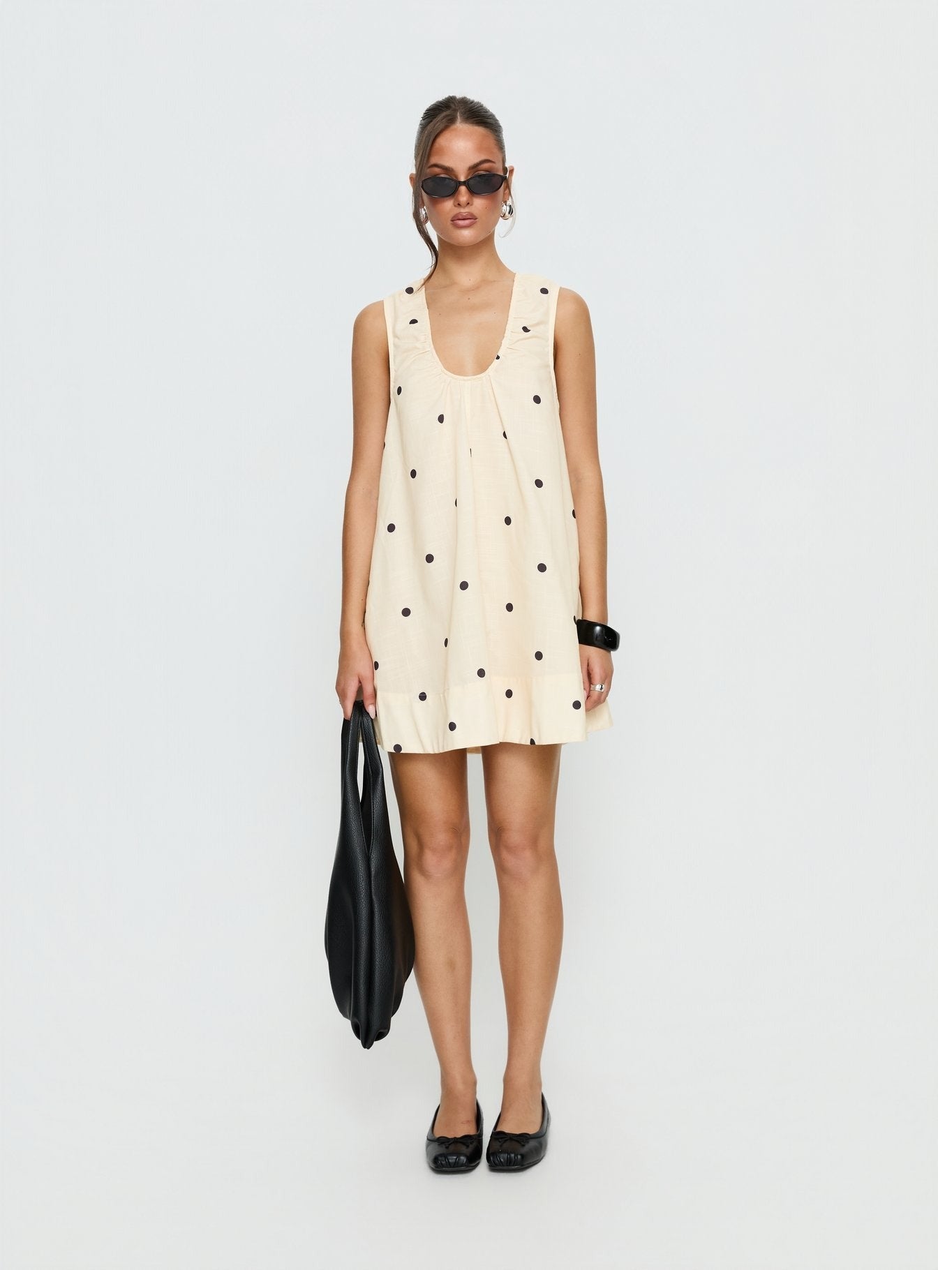 Eberta Ruched Baby Doll Mini Dress Yellow Polka Dot