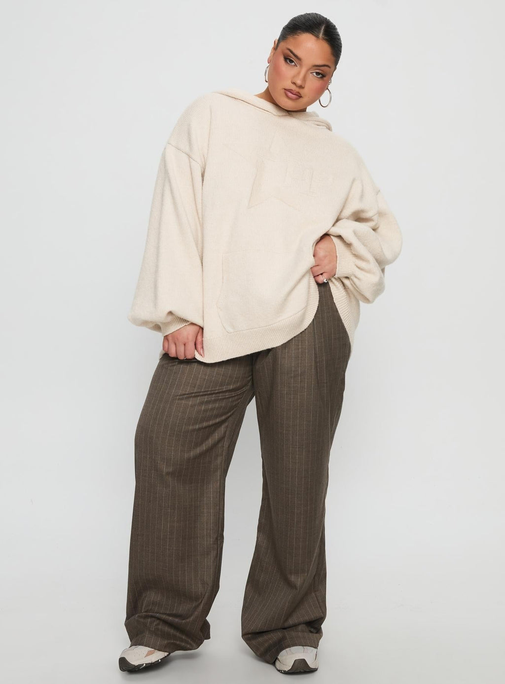 Princess Polly Knit Hoodie Beige Curve