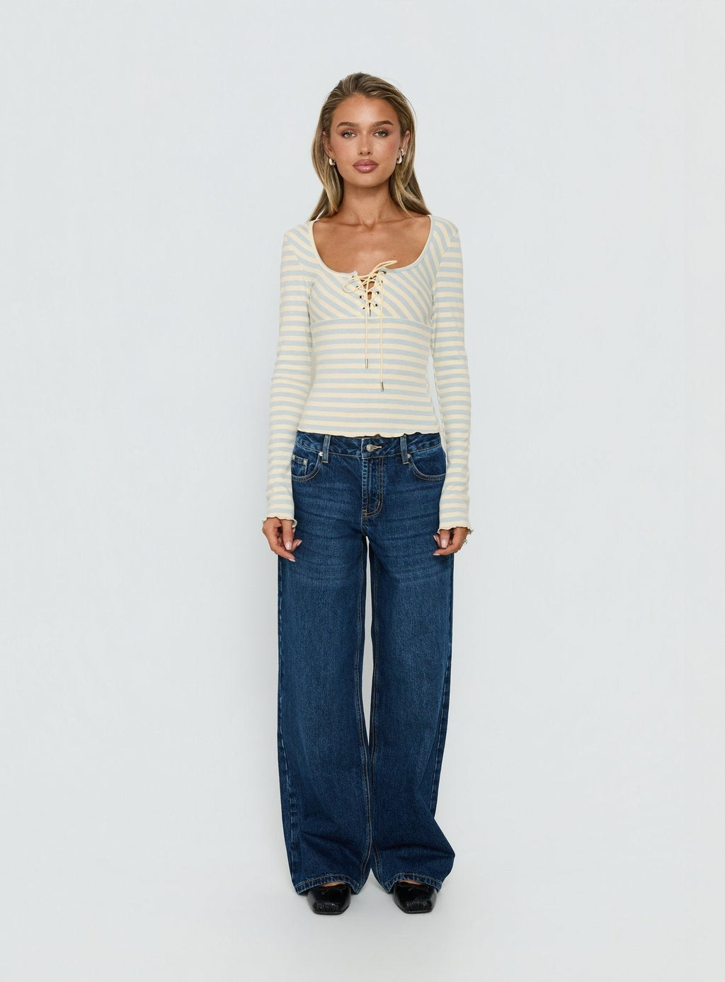 Jacenda Tie Up Long Sleeve Top Blue Stripe