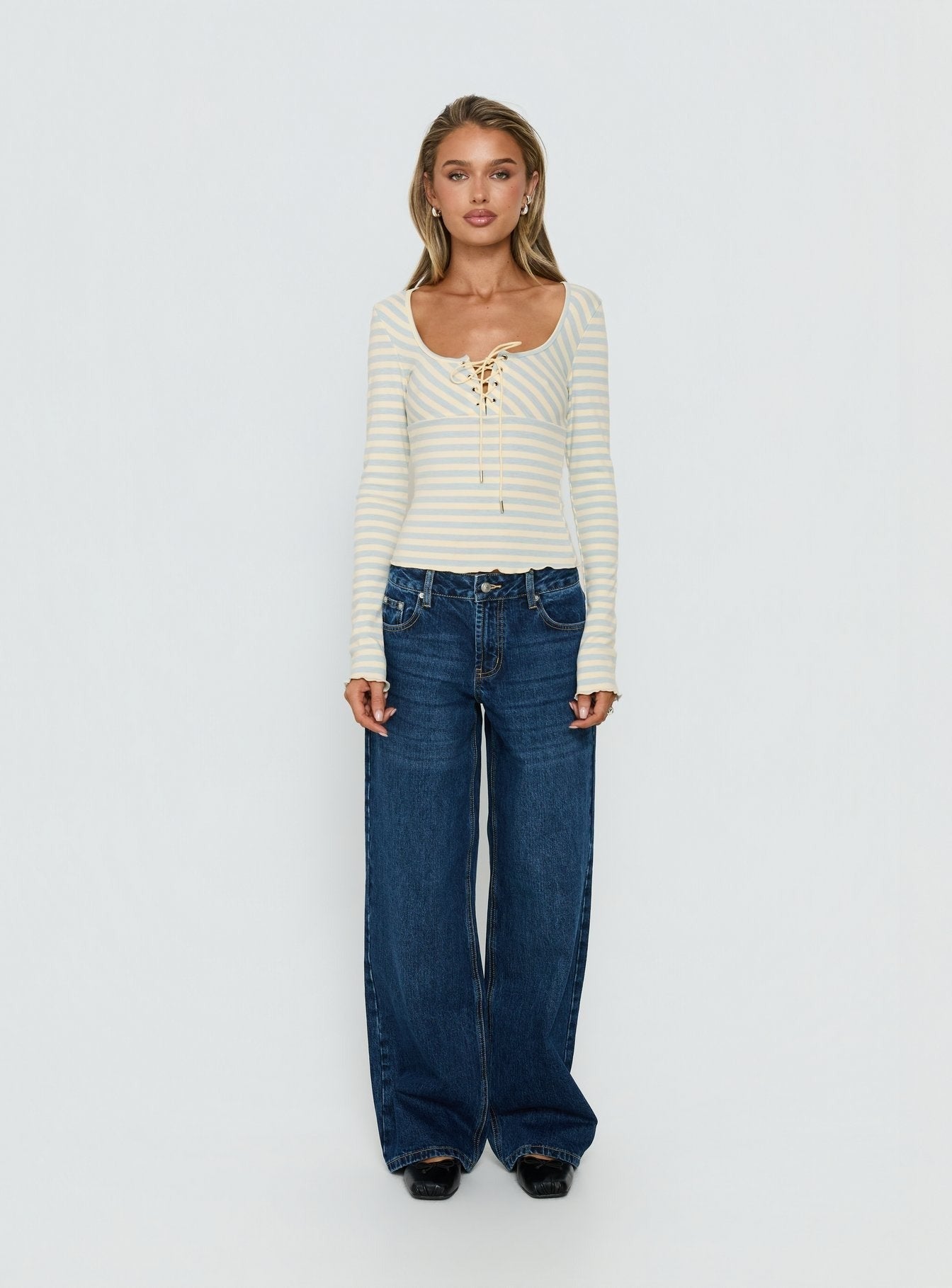 Jacenda Tie Up Long Sleeve Top Blue Stripe