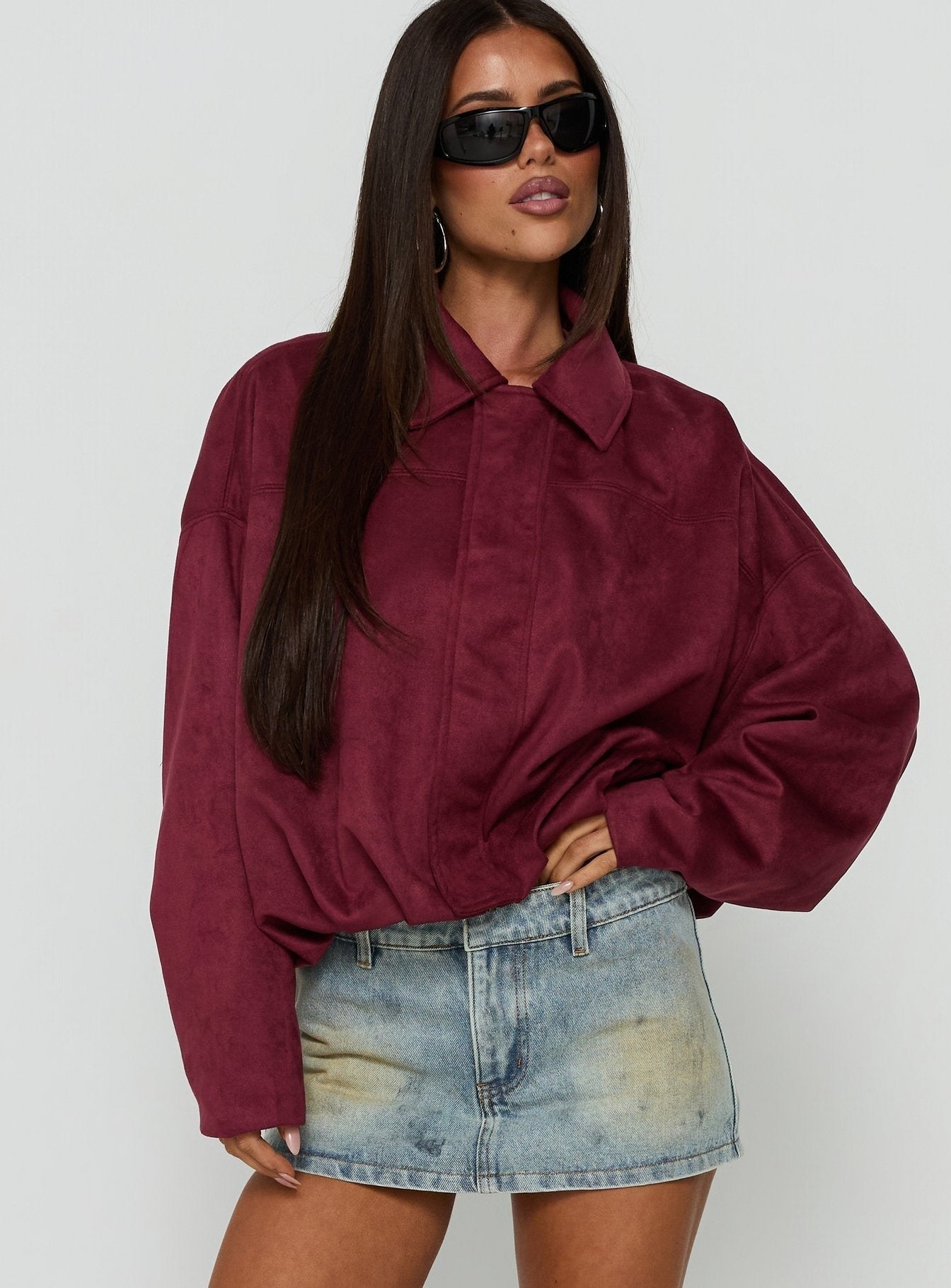 Enlightened Faux Suede Bomber Jacket Burgundy