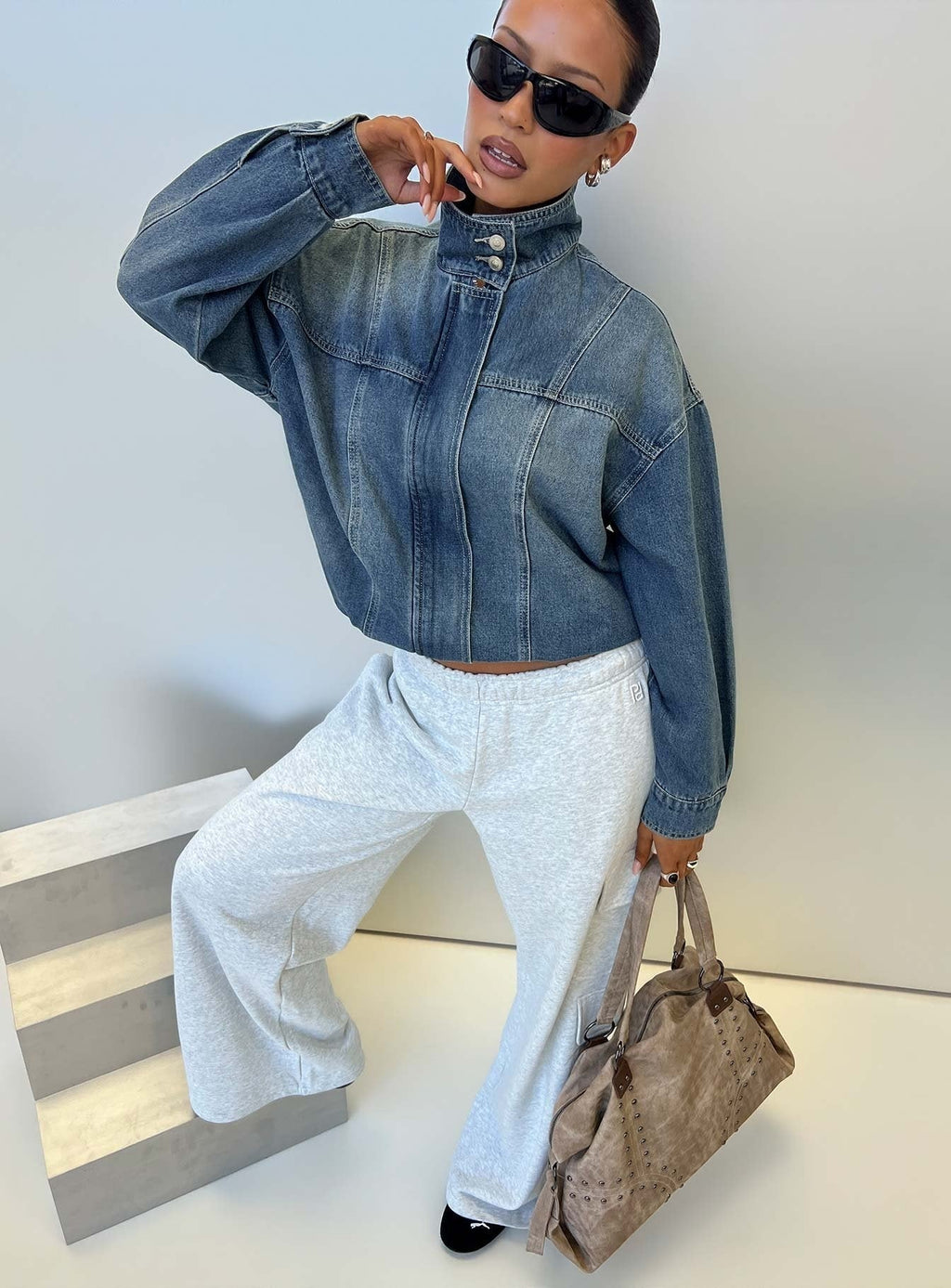 Alfea Funnel Neck Denim Bomber Jacket Mid Blue Wash