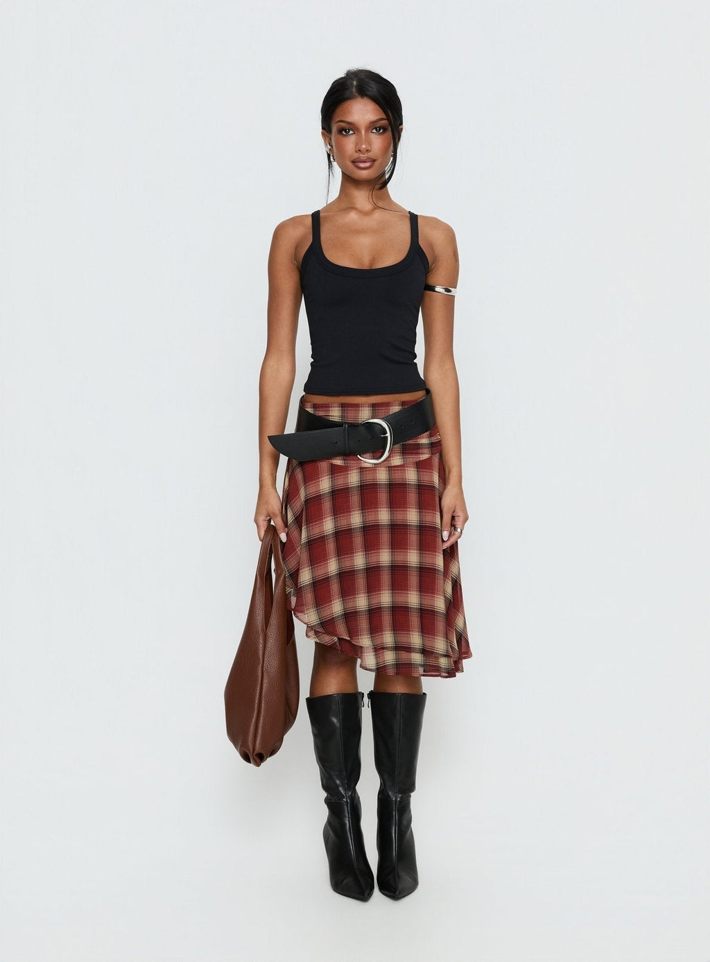 Evanescence Asymmetrical Midi Skirt Brown Check