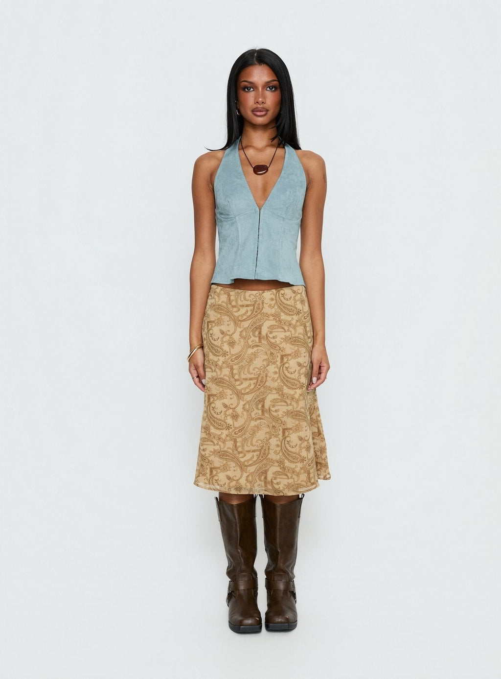 Dalyah Faux Suede Halter Top Soft Blue