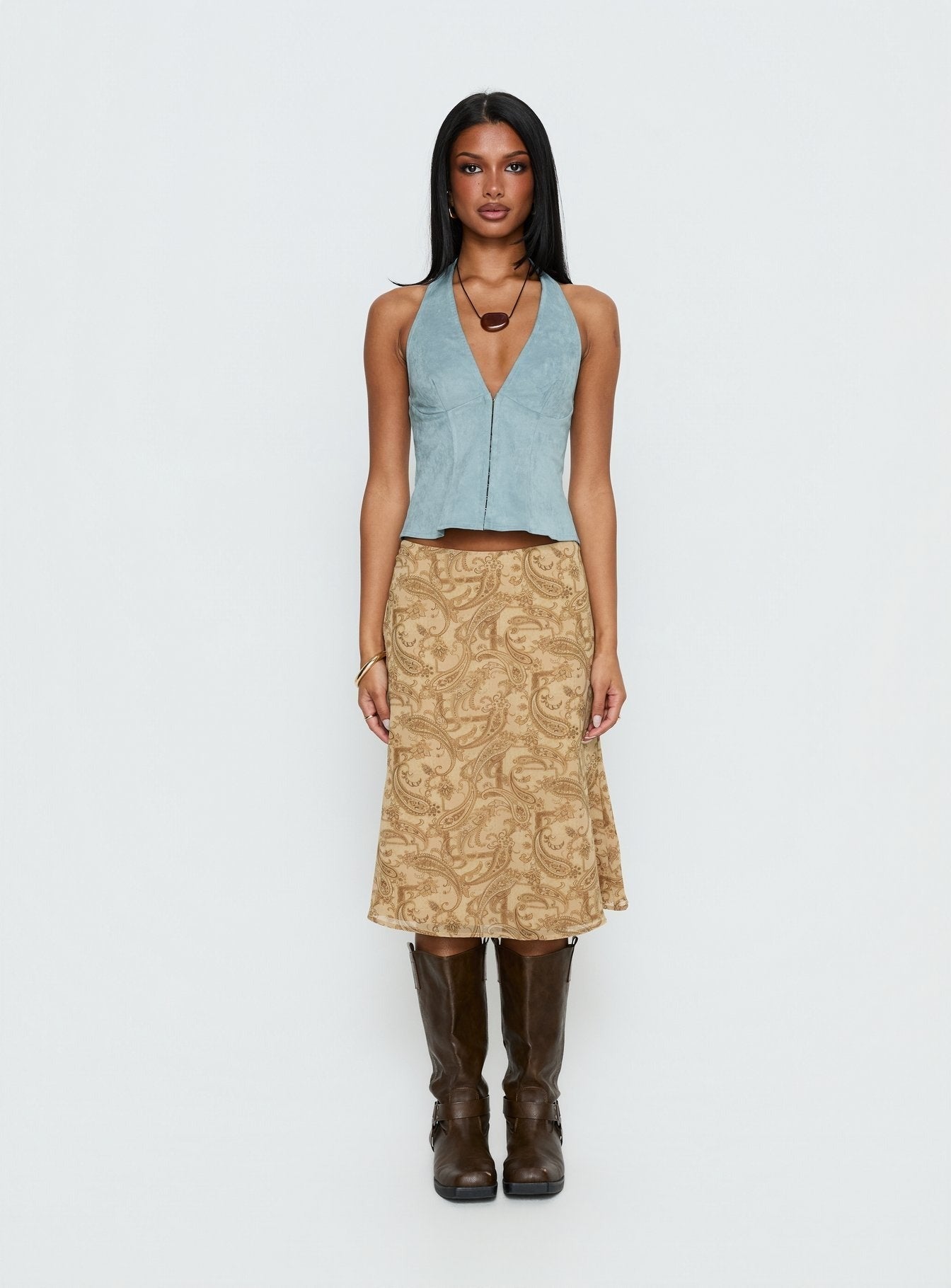Dalyah Faux Suede Halter Top Soft Blue