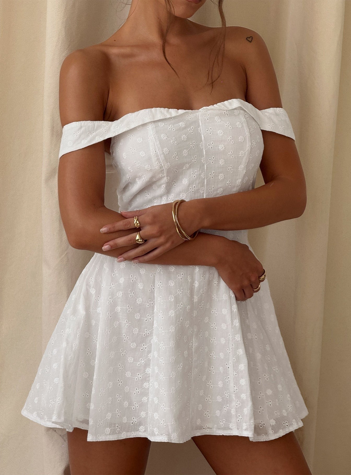 Rosebud Broderie Off The Shoulder Mini Dress White
