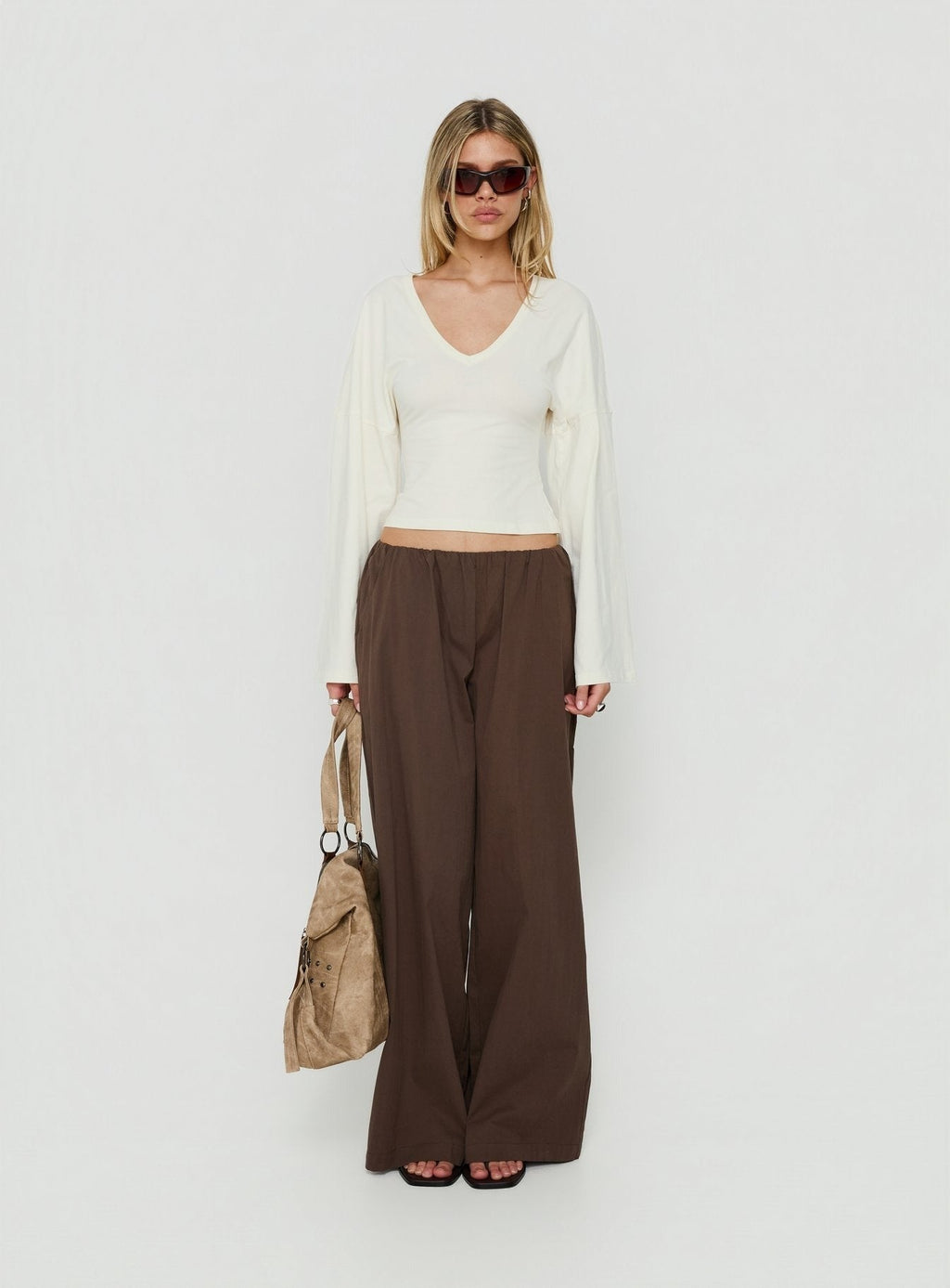 Dance With Shadows Batwing V Neck Long Sleeve Top Cream