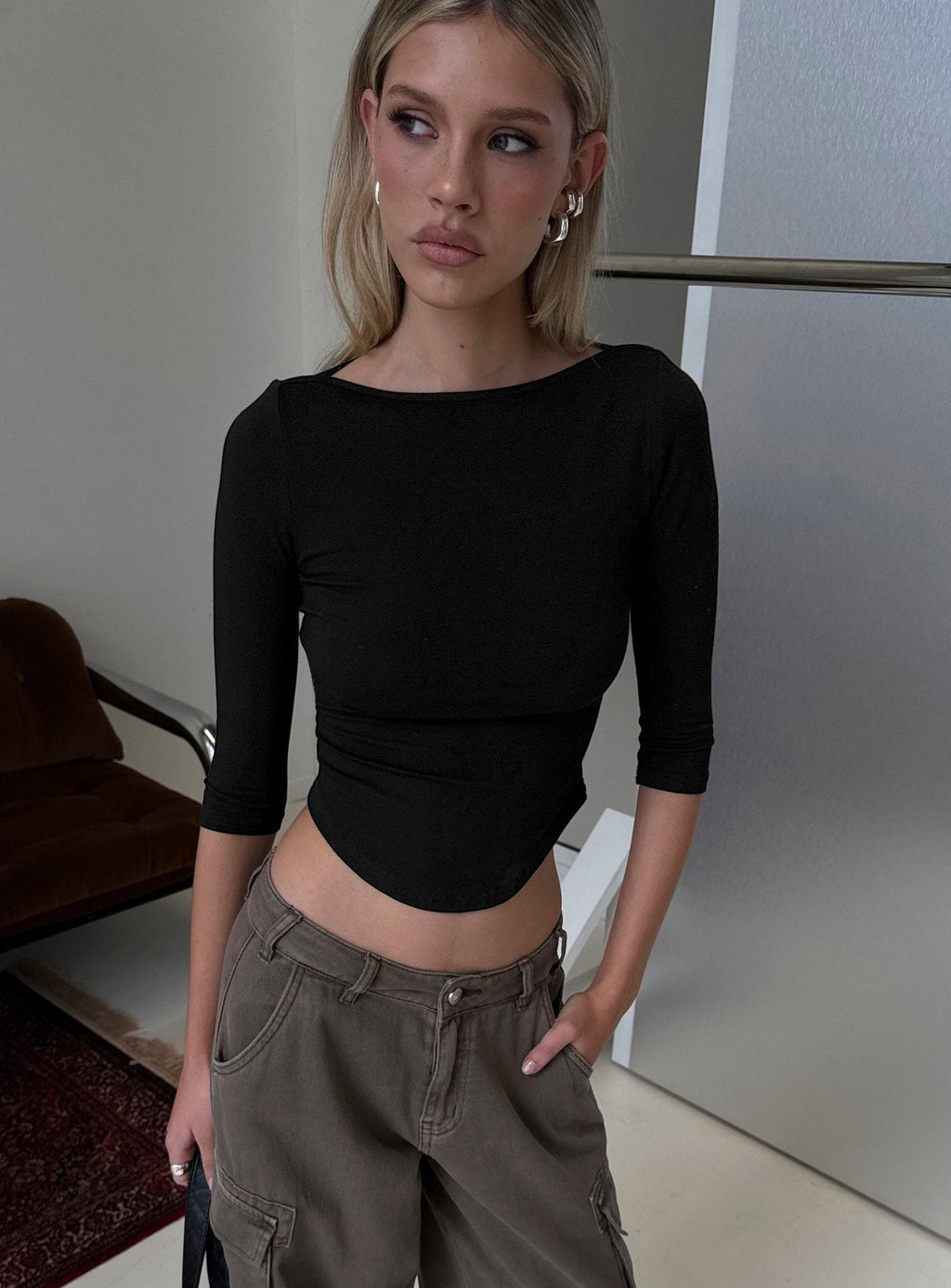 Myaah 3/4 Sleeve Curved Hem Top Black