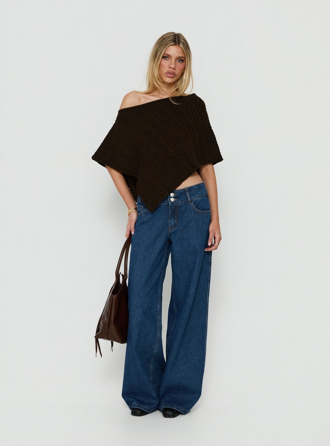 Esanna Off Shoulder Knit Poncho Brown