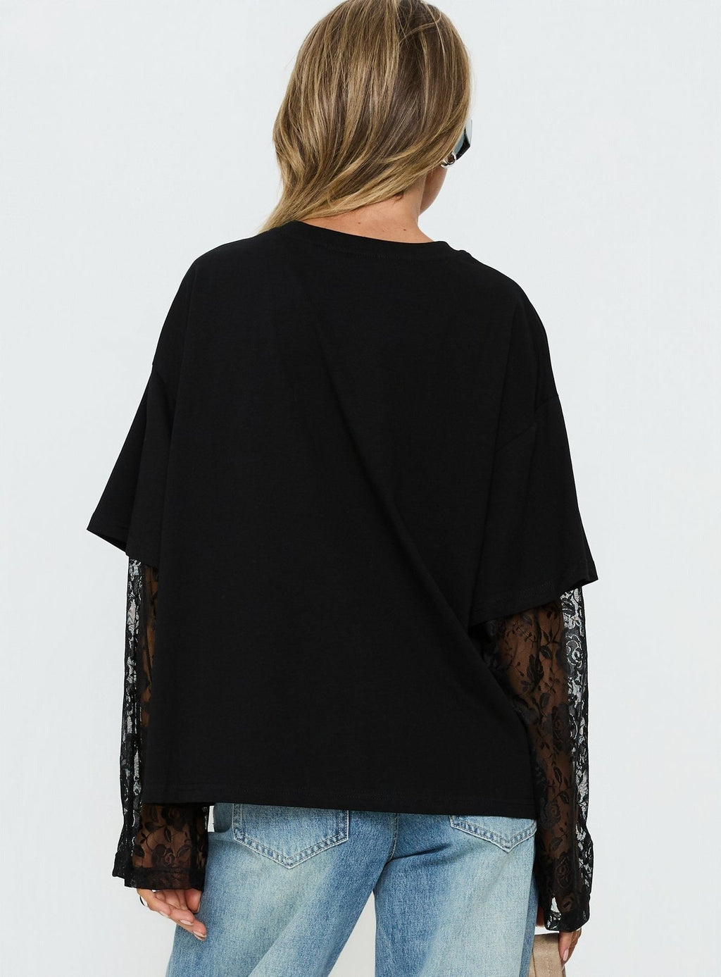 Valenciah Lace Layered Long Sleeve T-Shirt Black
