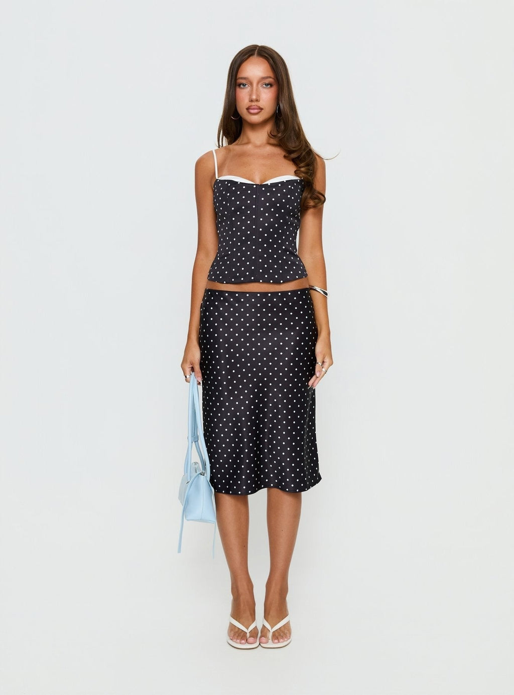 Somani Satin Midi Skirt Black Polka Dot