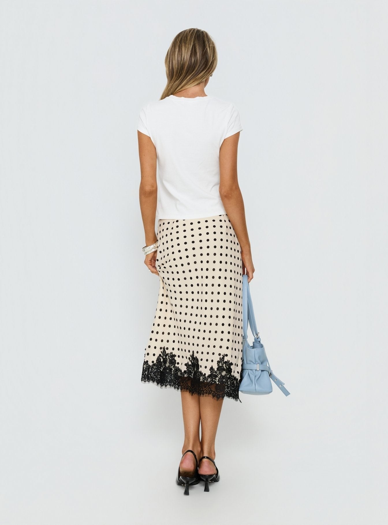 Downtown Scene Lace Trim Maxi Skirt Cream Polka
