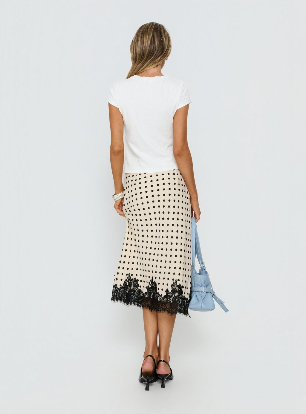 Downtown Scene Lace Trim Maxi Skirt Cream Polka
