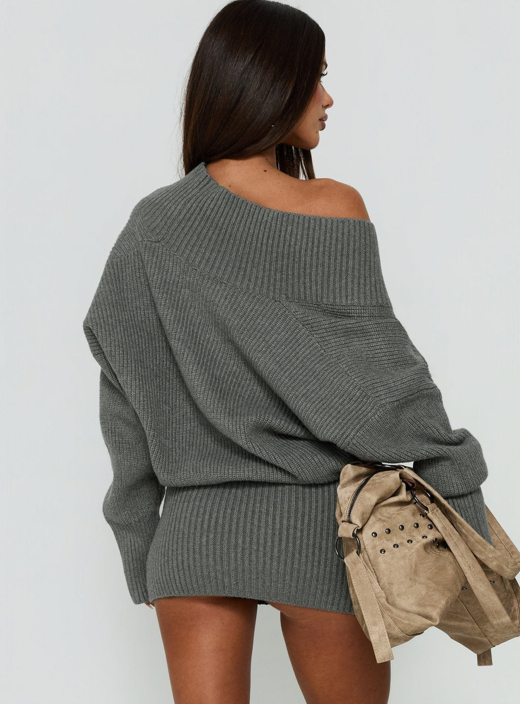 Jolanda Long Sleeve Plunge Knit Mini Dress Charcoal