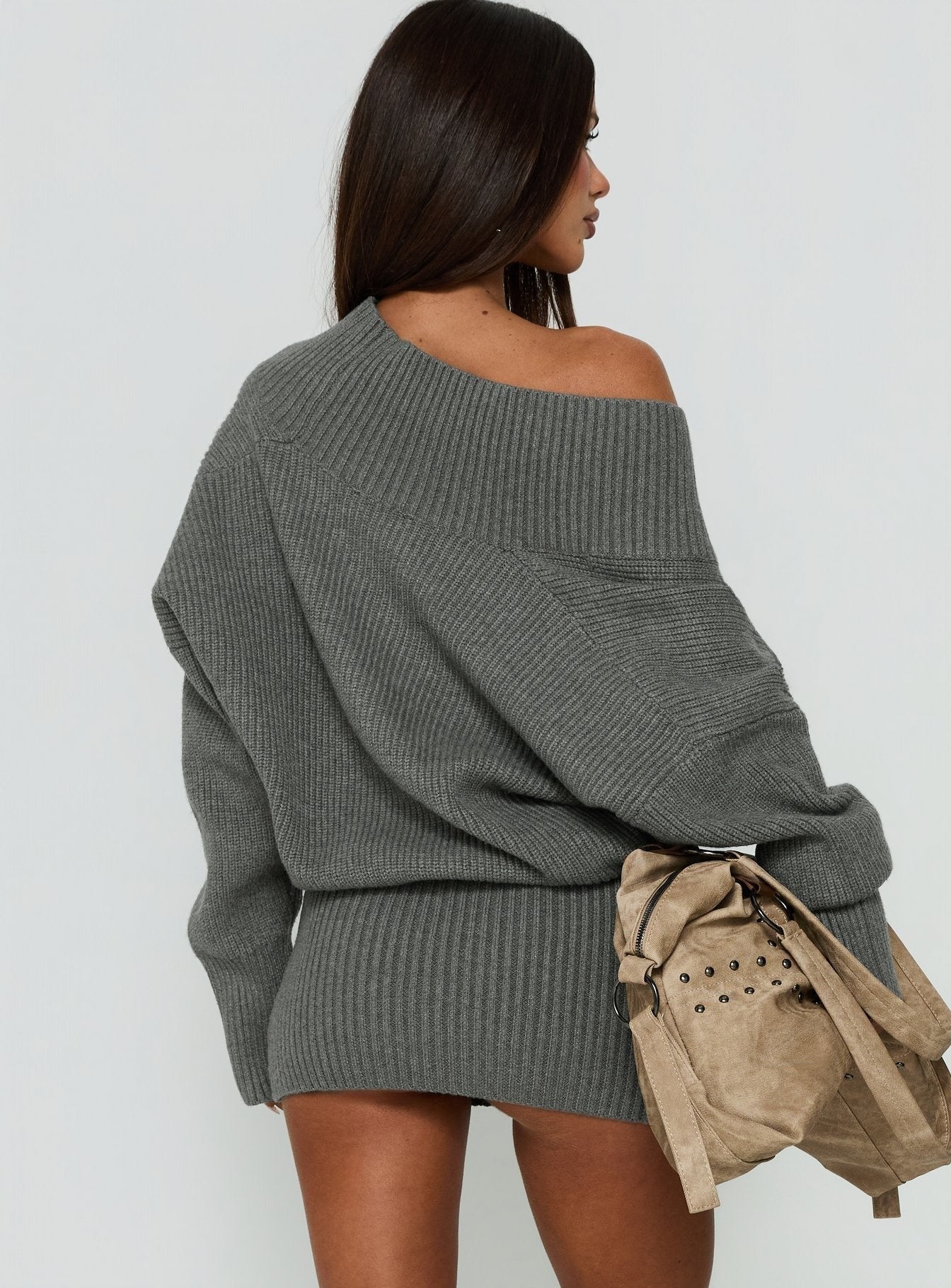 Jolanda Long Sleeve Plunge Knit Mini Dress Charcoal