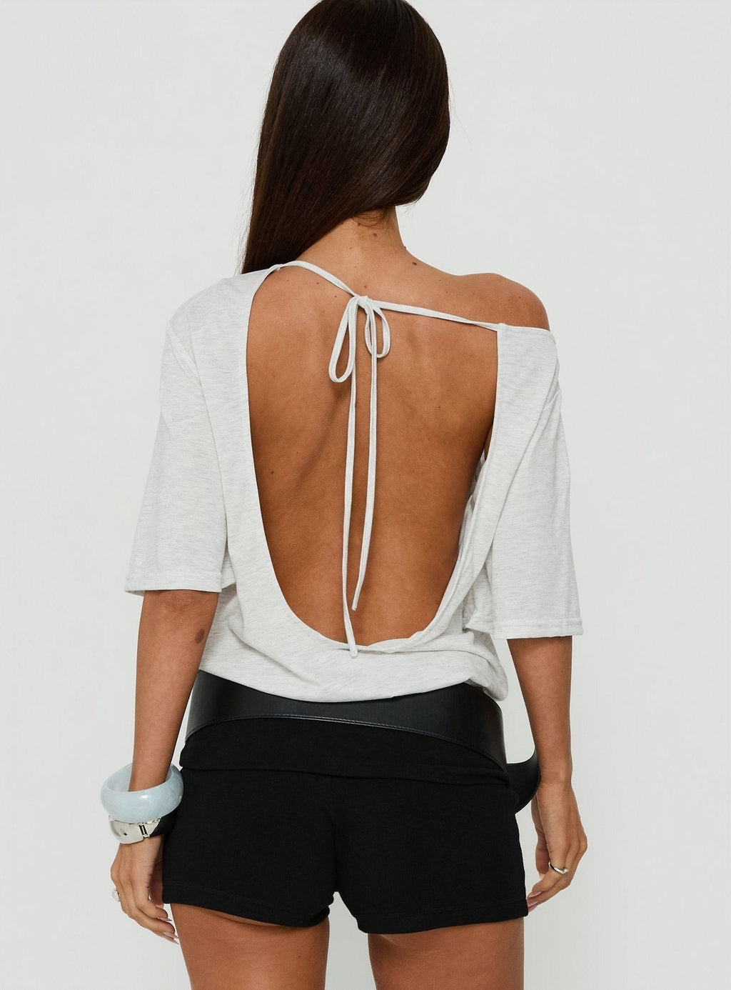 Romma Backless Slouchy Short Sleeve Top Grey Marle
