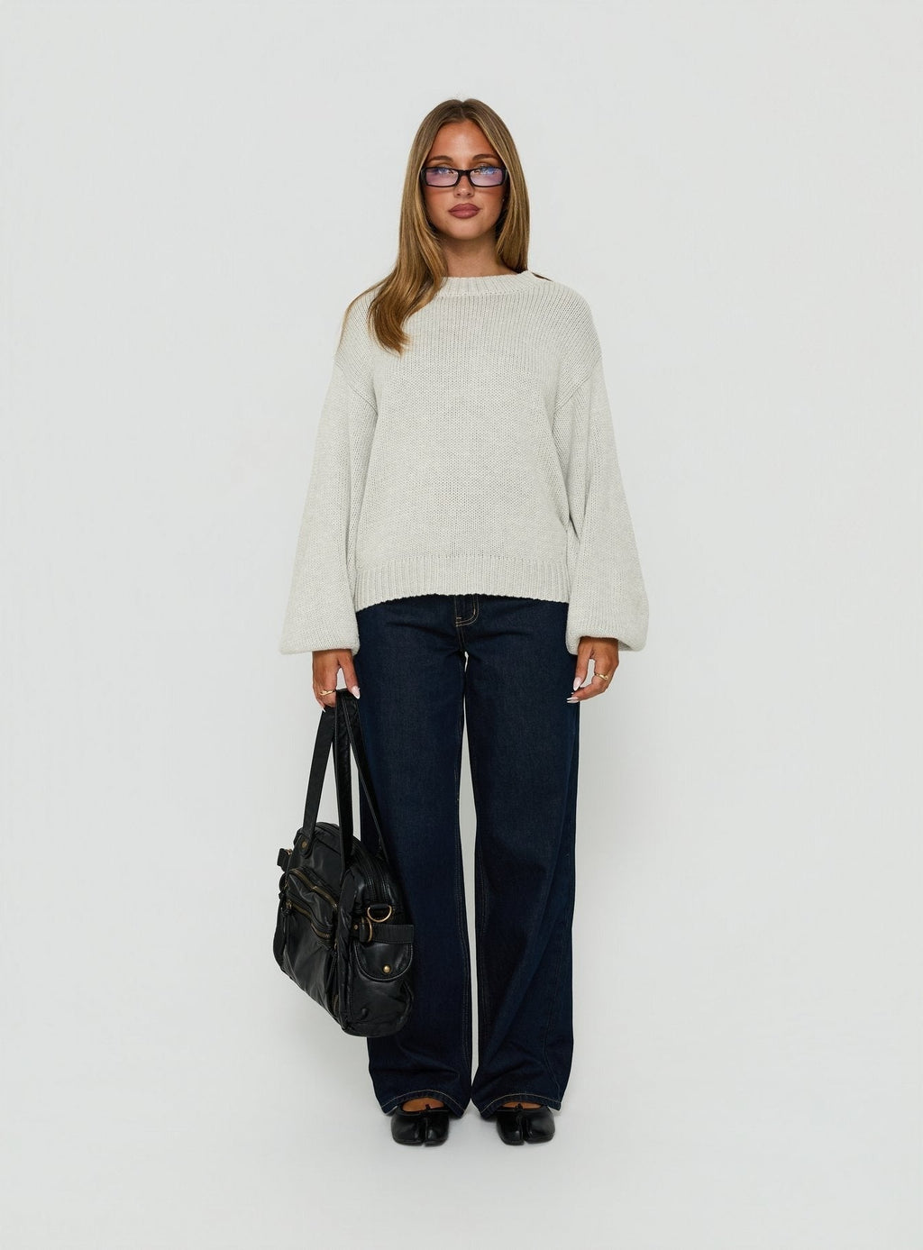 Harmony Balloon Sleeve Knit Sweater Grey Marle