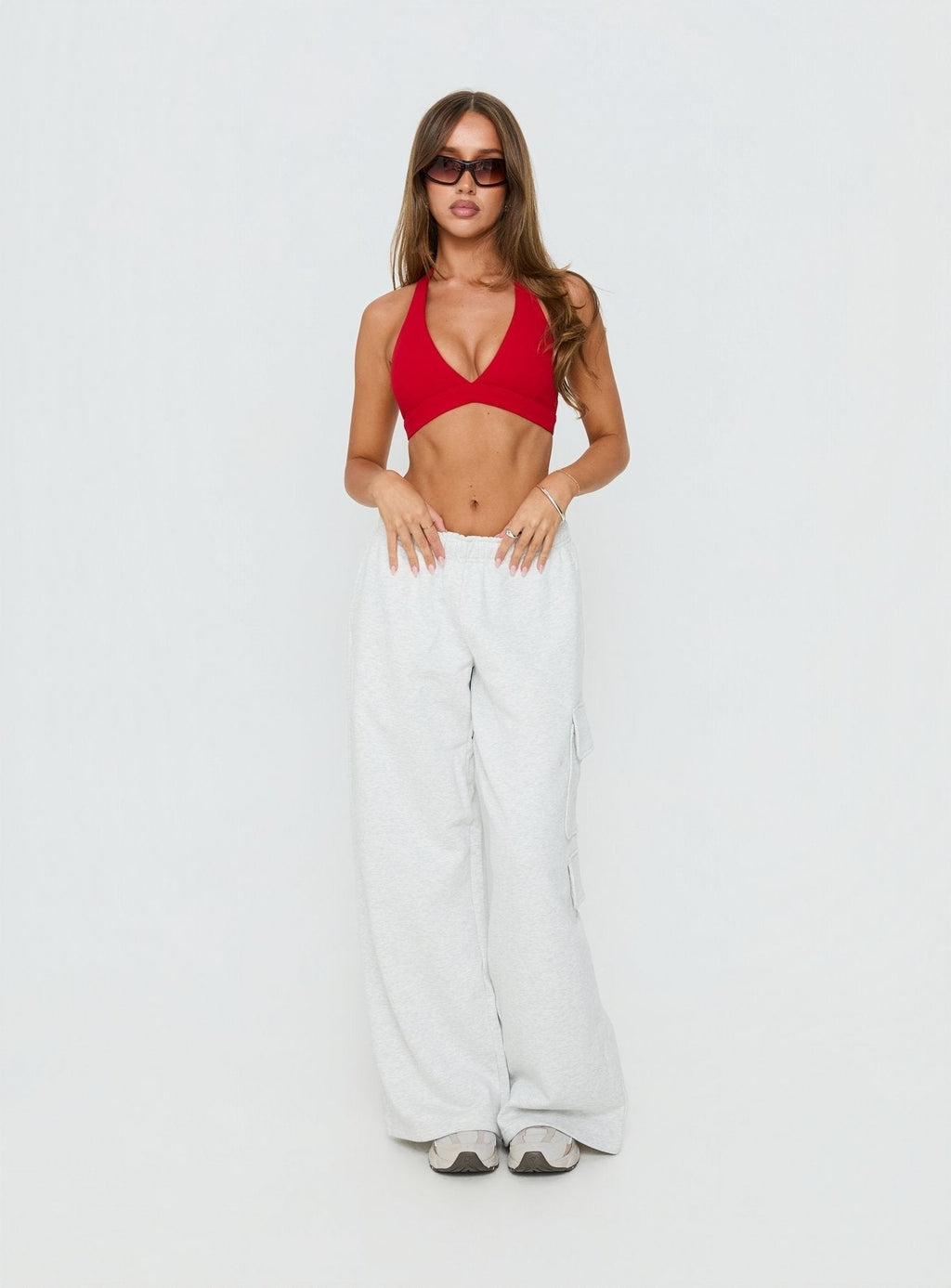 In Motion Active Plunge Halter Crop Top Red