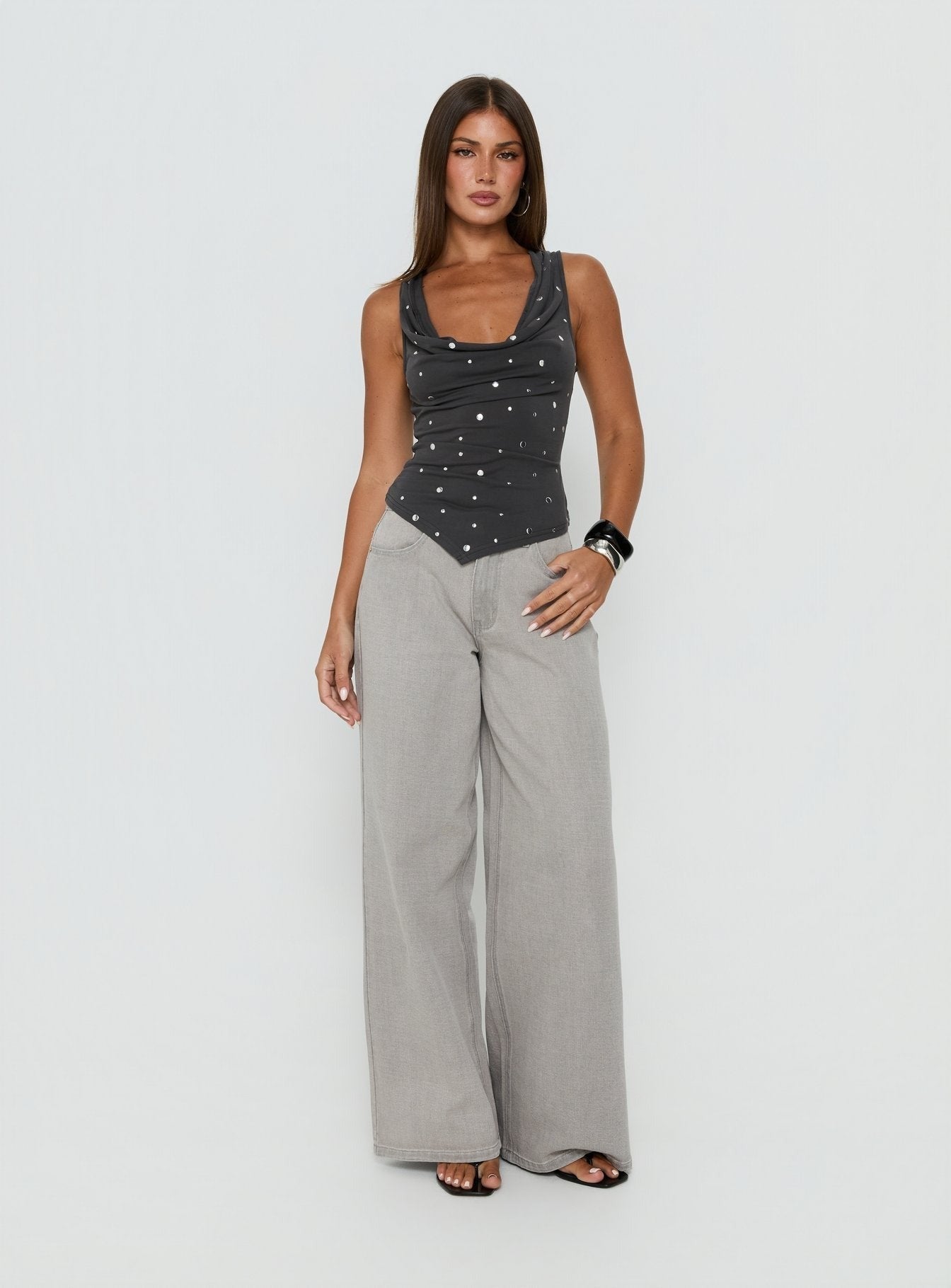 Quiet Confidence Studded Cowl Neck Top Grey