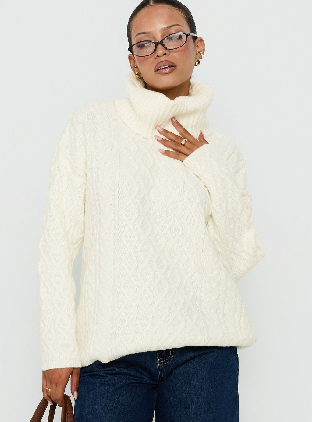Delah Cable Knit Roll Neck Jumper Cream