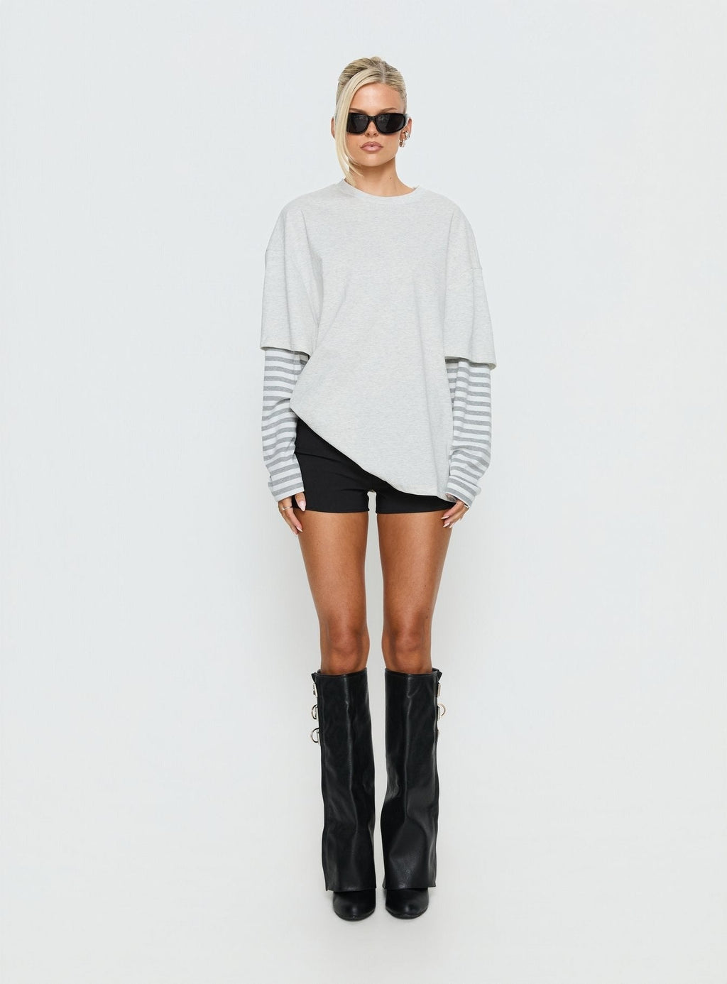 Ryann Long Sleeve Layered Top Grey / White Stripe