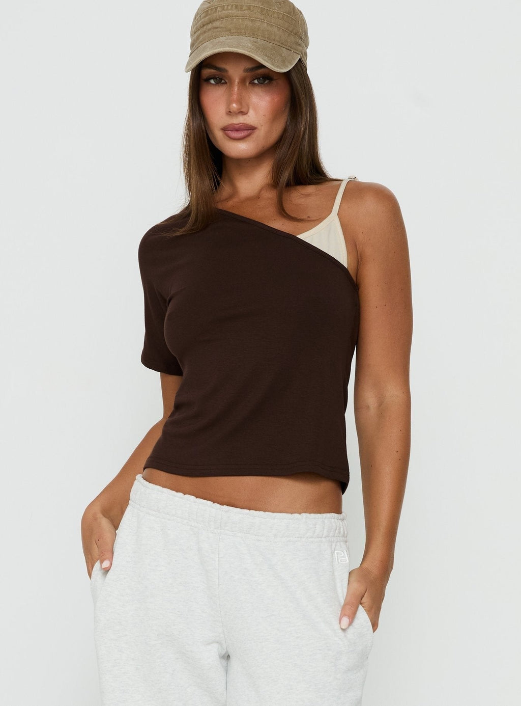 Lunea One Shoulder Contrast Top Brown / Cream