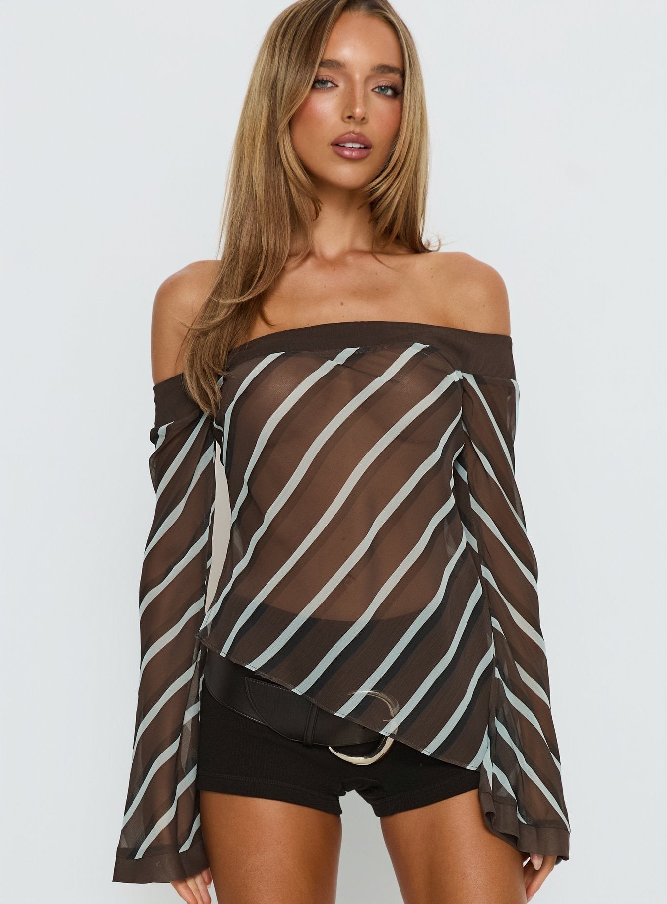Trinkie Long Sleeve Off Shoulder Chiffon Top Navy Stripe
