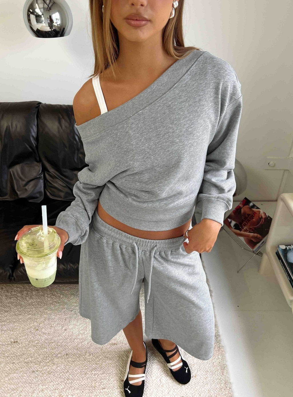 Kohdie Off Shoulder Fleece Jumper Grey Marle