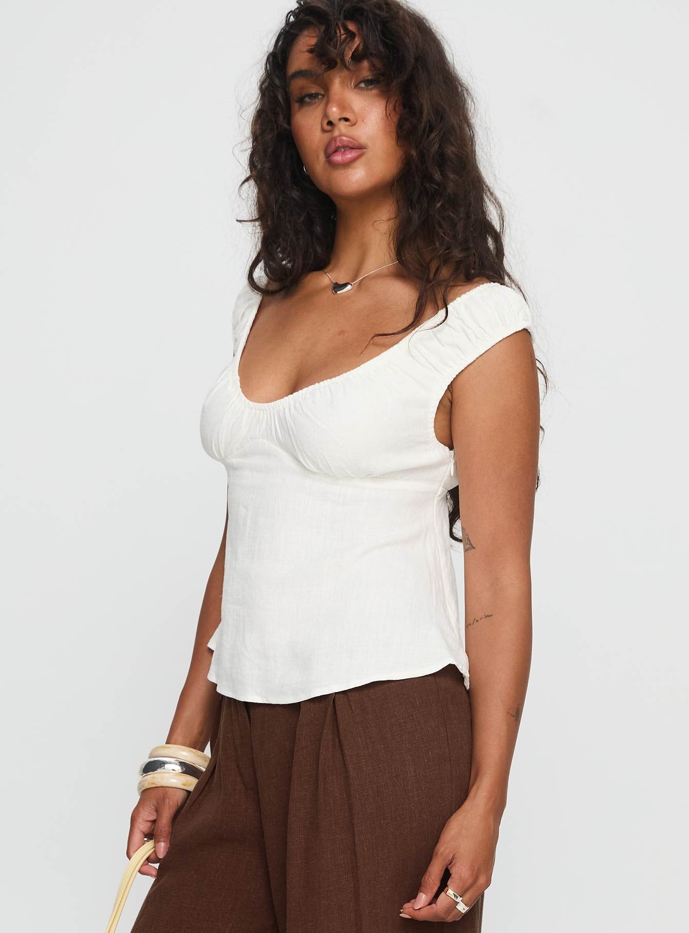 With Pleasure Puff Sleeve Linen Blouse Top White