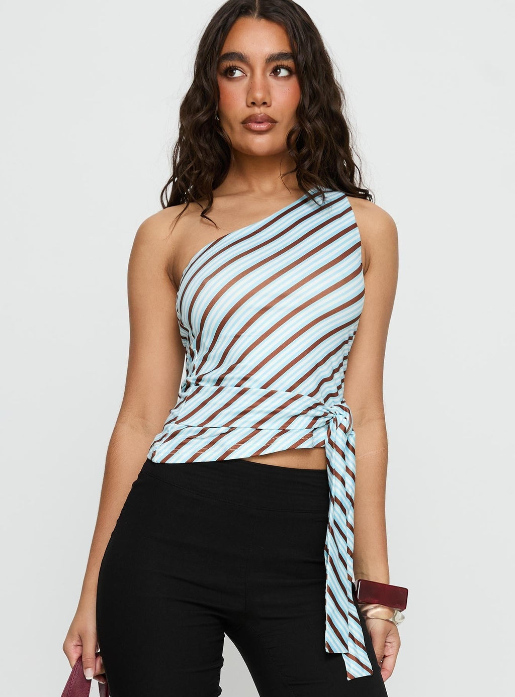 Ranae One Shoulder Tie Detail Top Blue Stripe